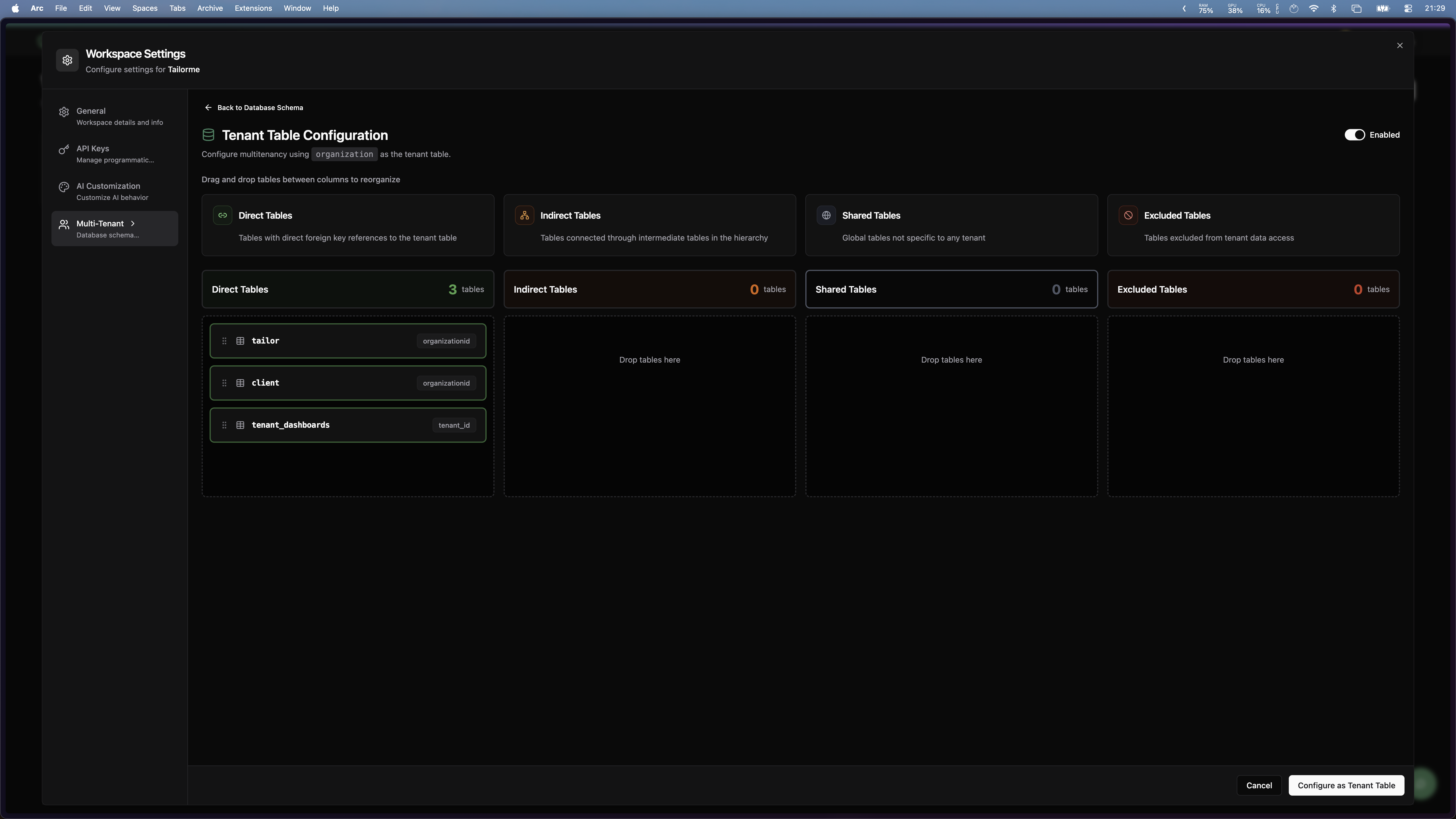 Tenant Table Configuration