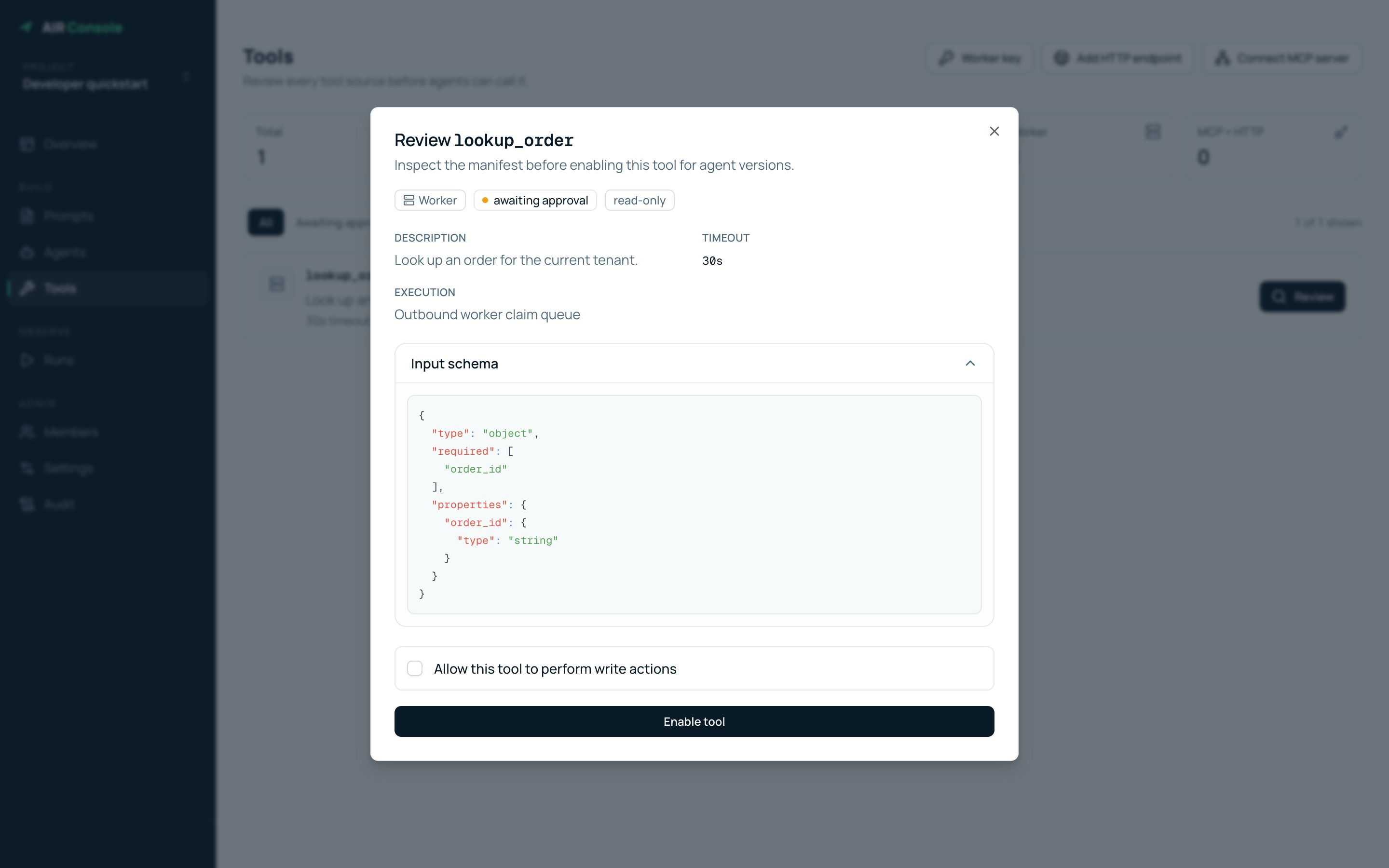 AIR tool approval dialog with schema and write action control
