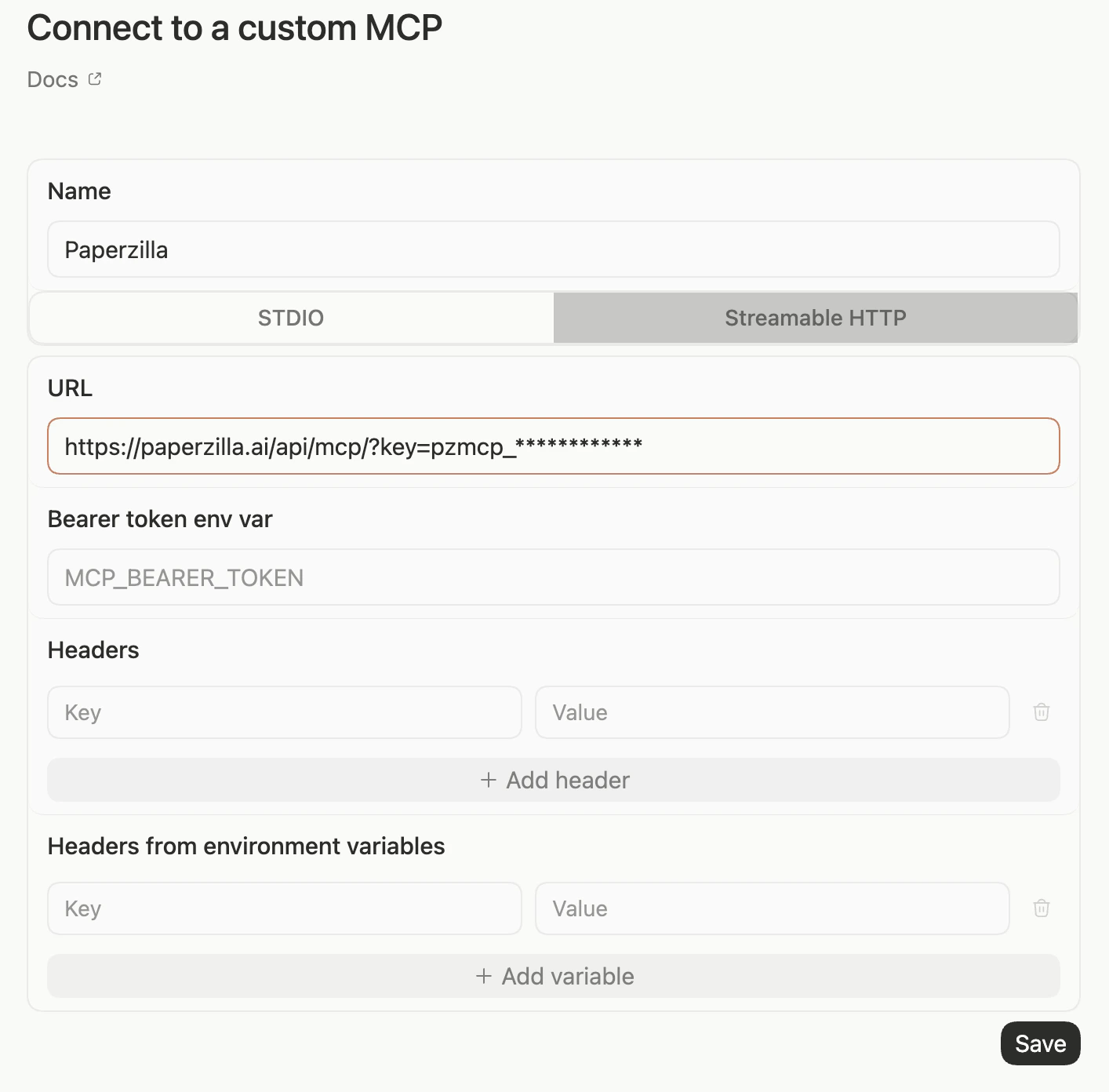 Codex custom MCP settings showing Paperzilla configured as a Streamable HTTP server with a sanitized Paperzilla MCP URL.