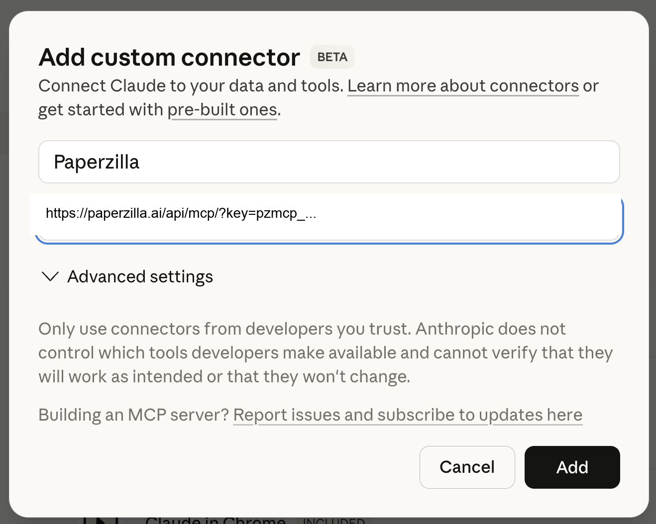 Claude Add custom connector dialog showing Paperzilla and a sanitized Paperzilla MCP URL.