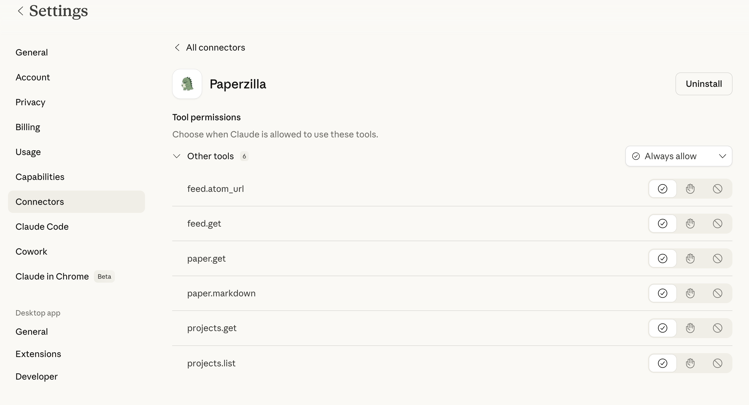 Claude connector settings showing the Paperzilla tools and the tool permission controls.