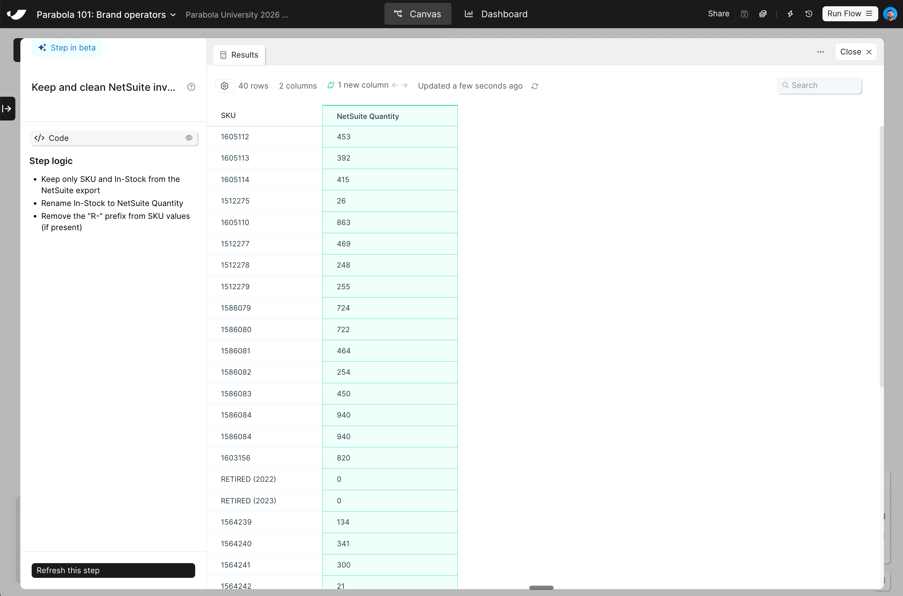Clean NetSuite inventory step results