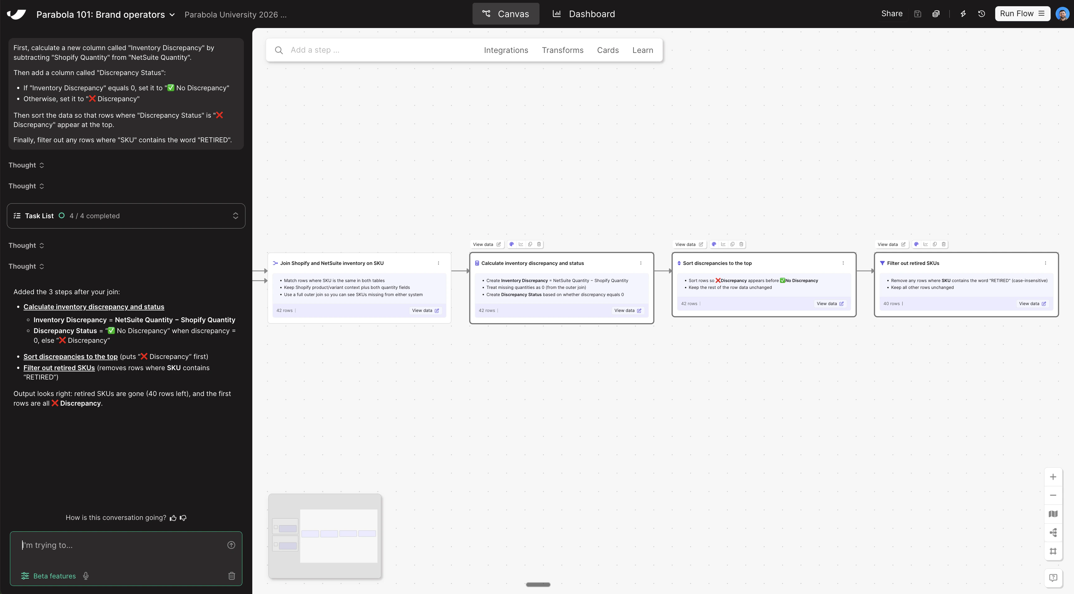 Transform data canvas view