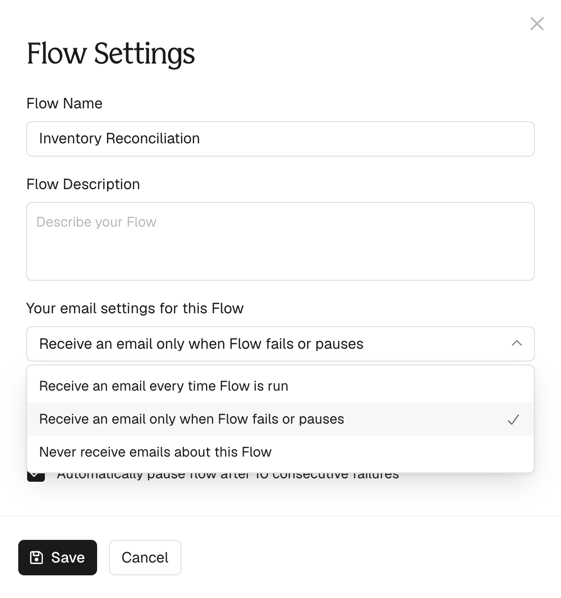 The Flow Settings dialog with the email dropdown open on "Receive an email every time Flow is run", "Receive an email only when Flow fails or pauses", and "Never receive emails about this Flow"