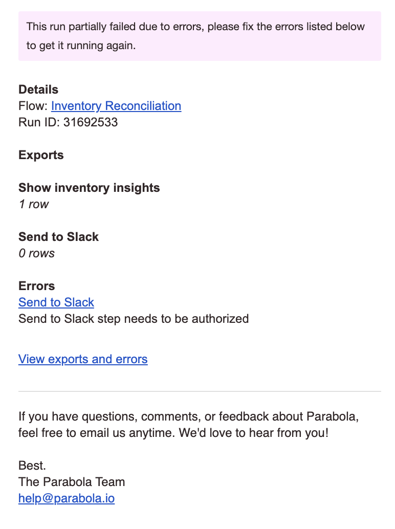 A summary email for a partially failed run, listing the flow, run ID, each export with its row count, and the errors to fix