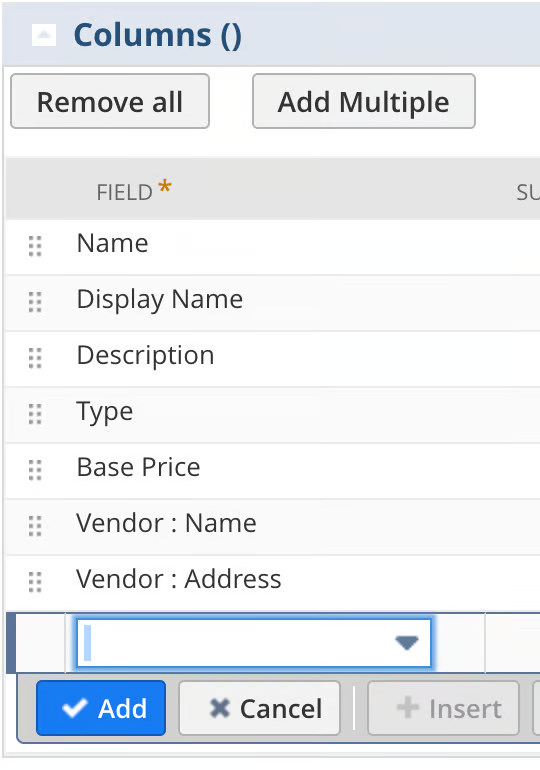 NetSuite saved search field list after adding joined fields "Vendor : Name" and "Vendor : Address"