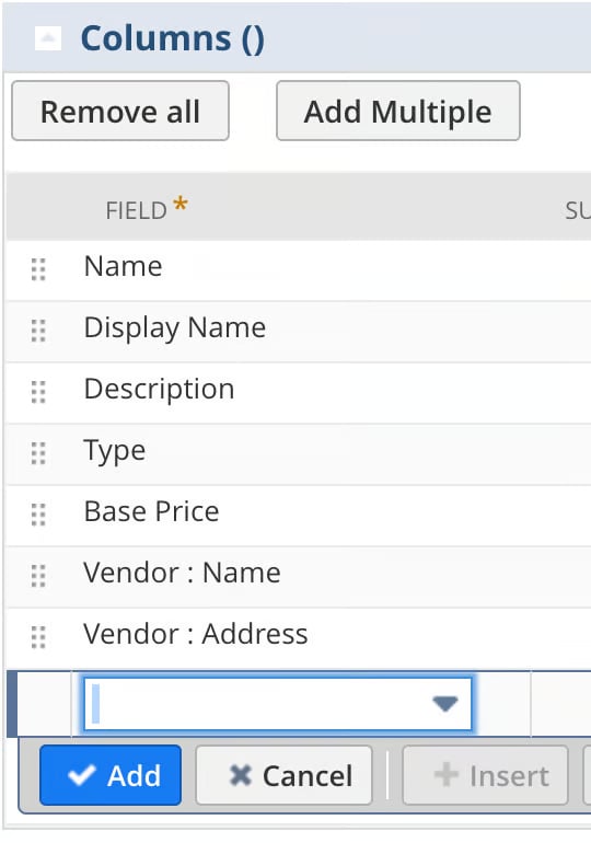 NetSuite saved search field list after adding joined fields "Vendor : Name" and "Vendor : Address"