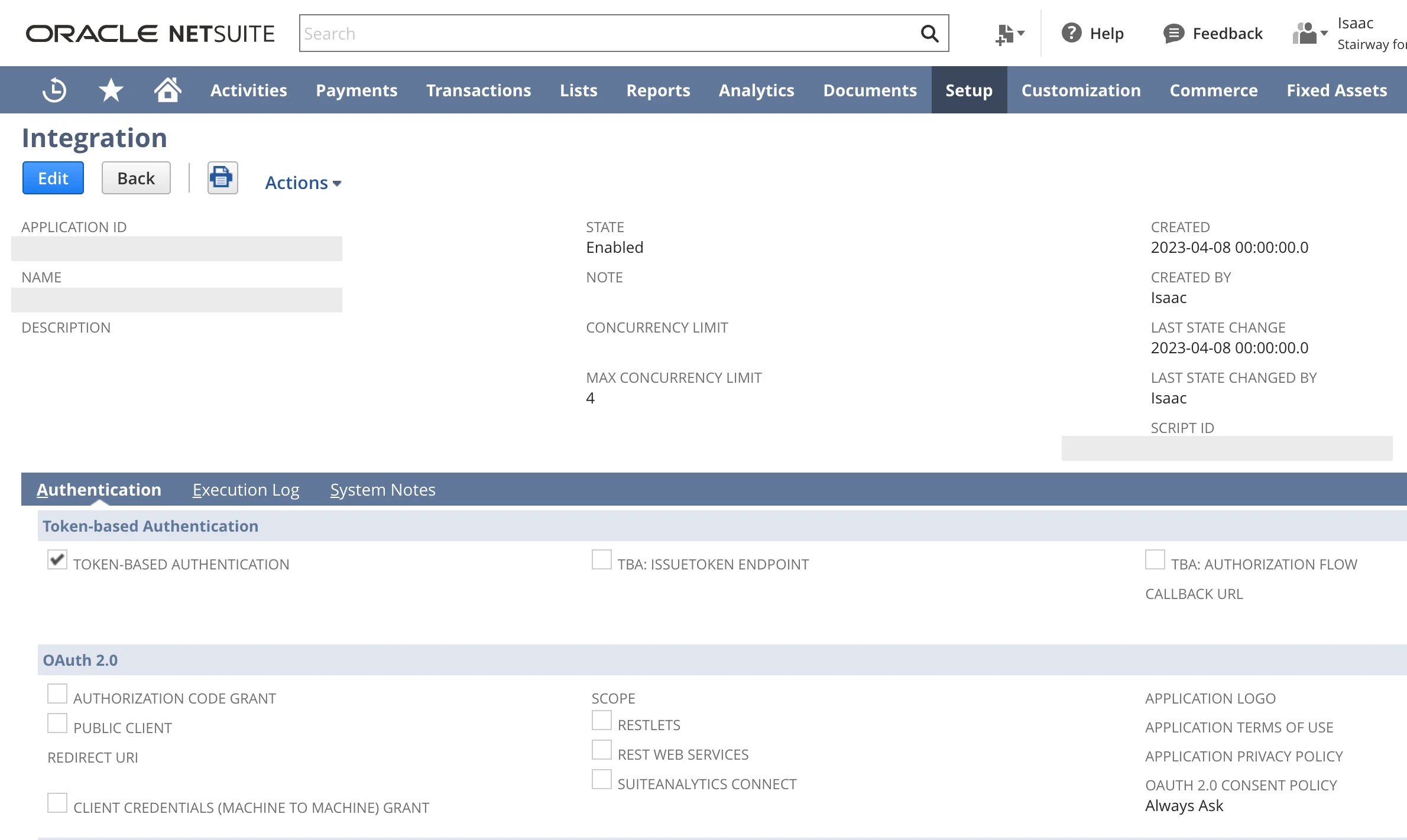 NetSuite Integration record with Token-Based Authentication enabled