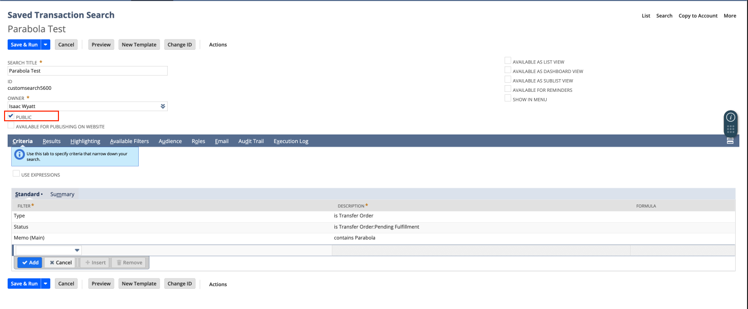 Public checkbox on a NetSuite saved search record