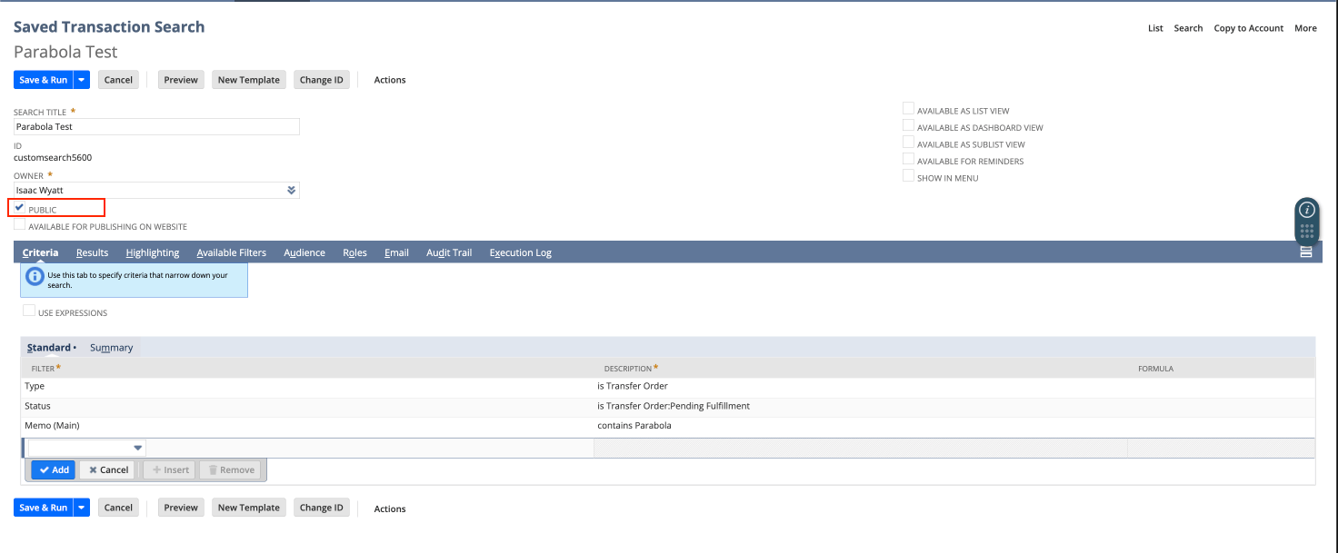 Public checkbox on a NetSuite saved search record