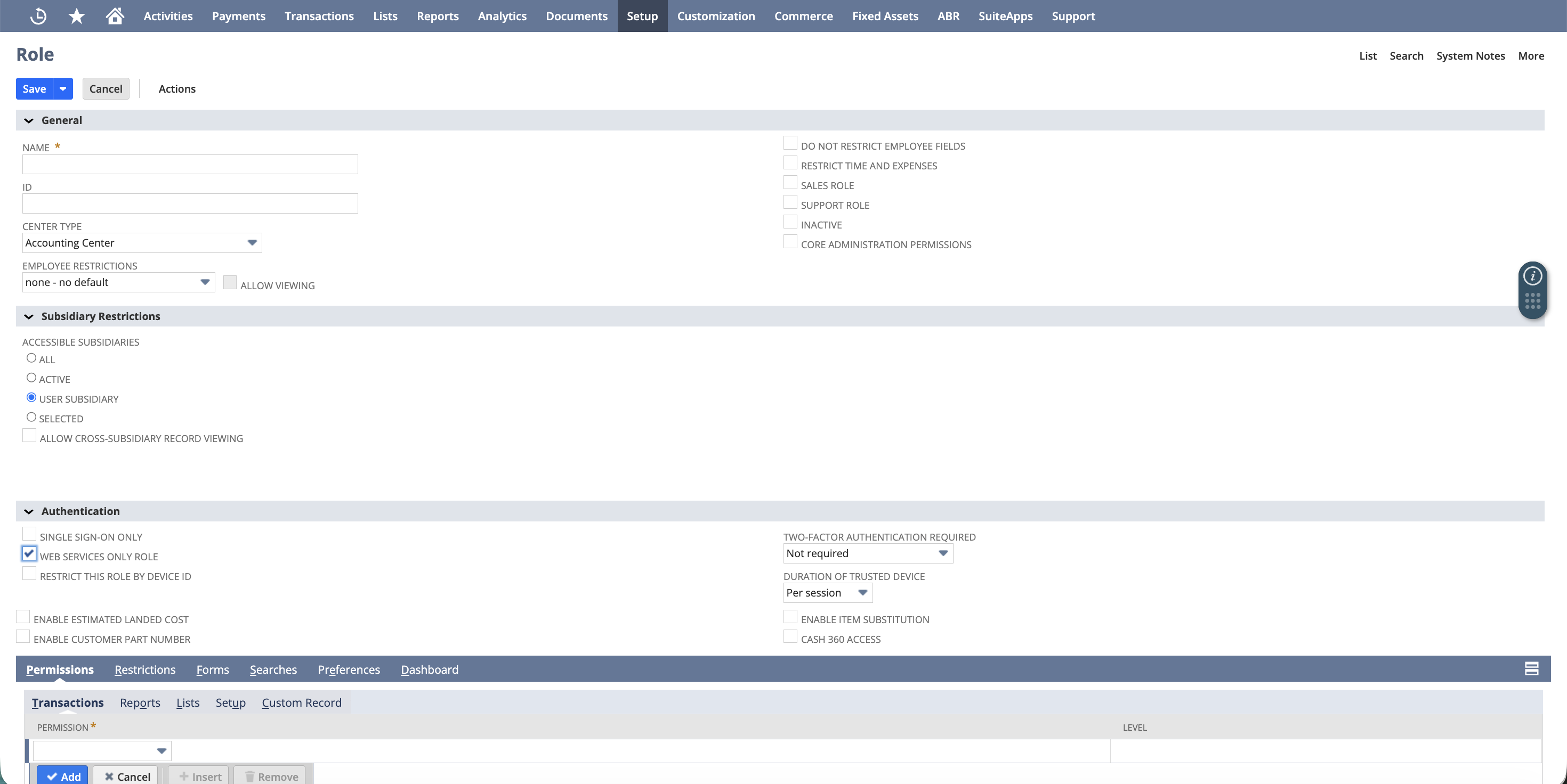 NetSuite role record with Web Services Only Role checked and the Transactions/Reports/Lists/Setup/Custom Record permission tabs visible
