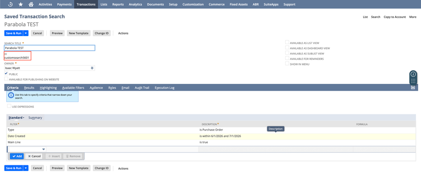 NetSuite saved search record with the ID field highlighted below the search title