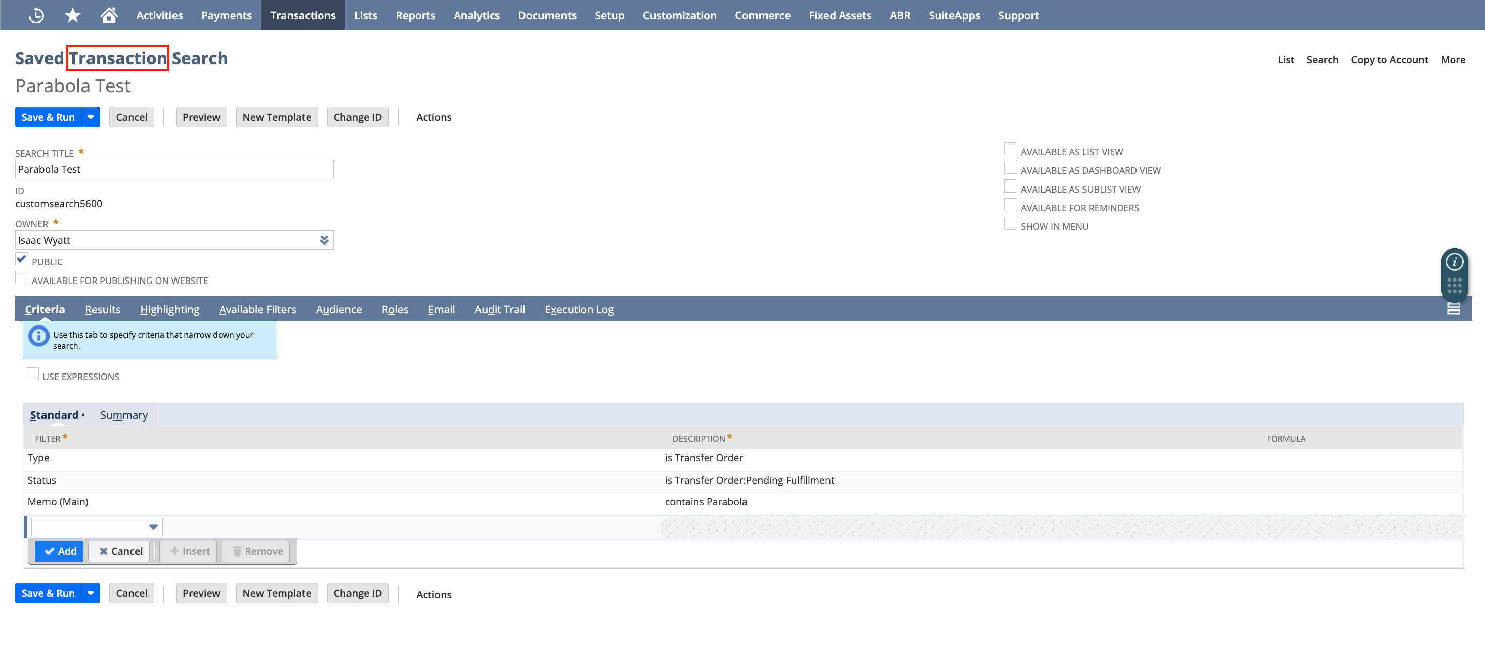 Search type shown in the page title of a NetSuite saved search