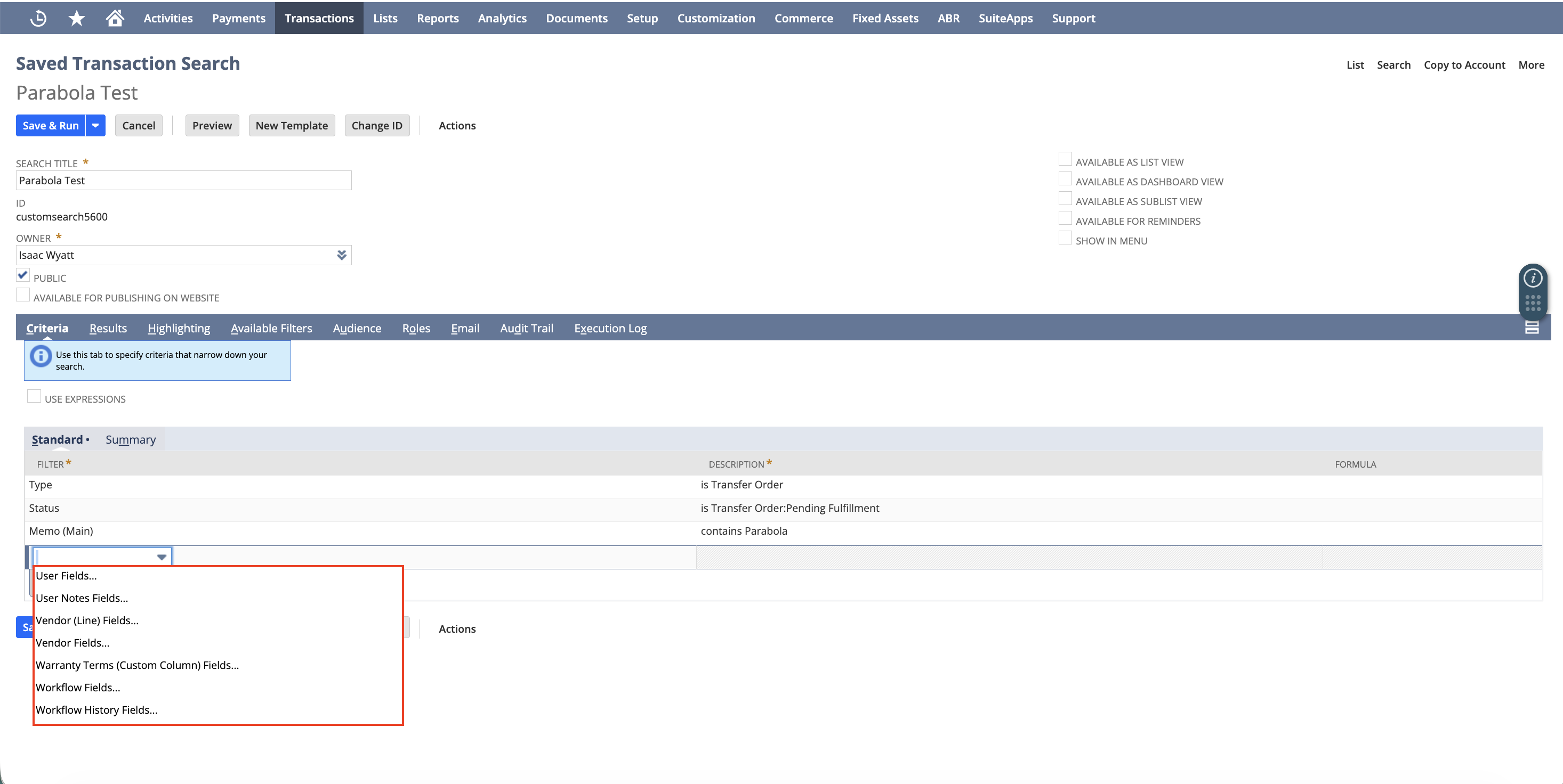 NetSuite field picker dropdown with "Vendor Fields..." and "Vendor (Line) Fields..." highlighted among the related-record field categories