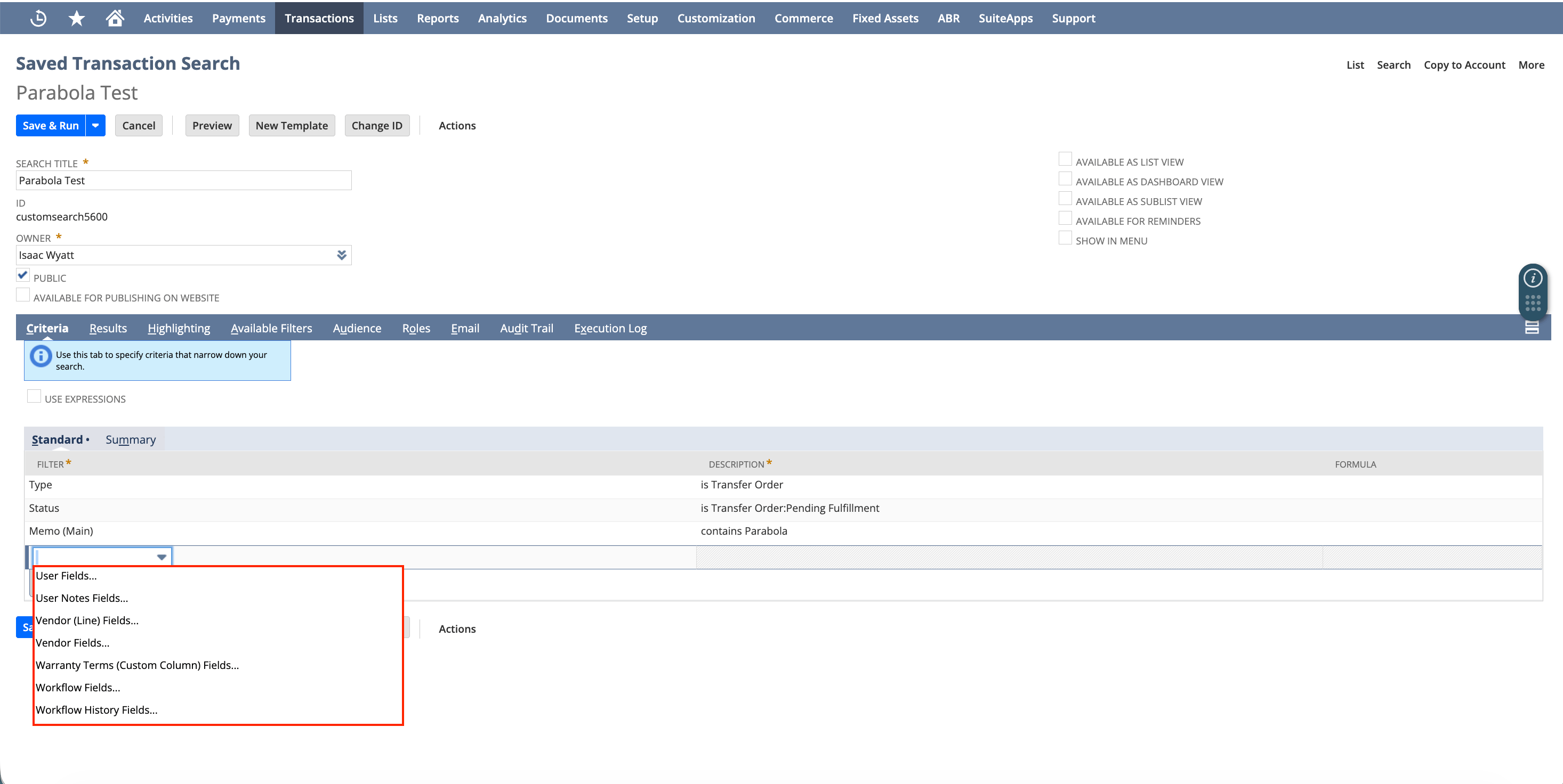 NetSuite field picker dropdown with "Vendor Fields..." and "Vendor (Line) Fields..." highlighted among the related-record field categories