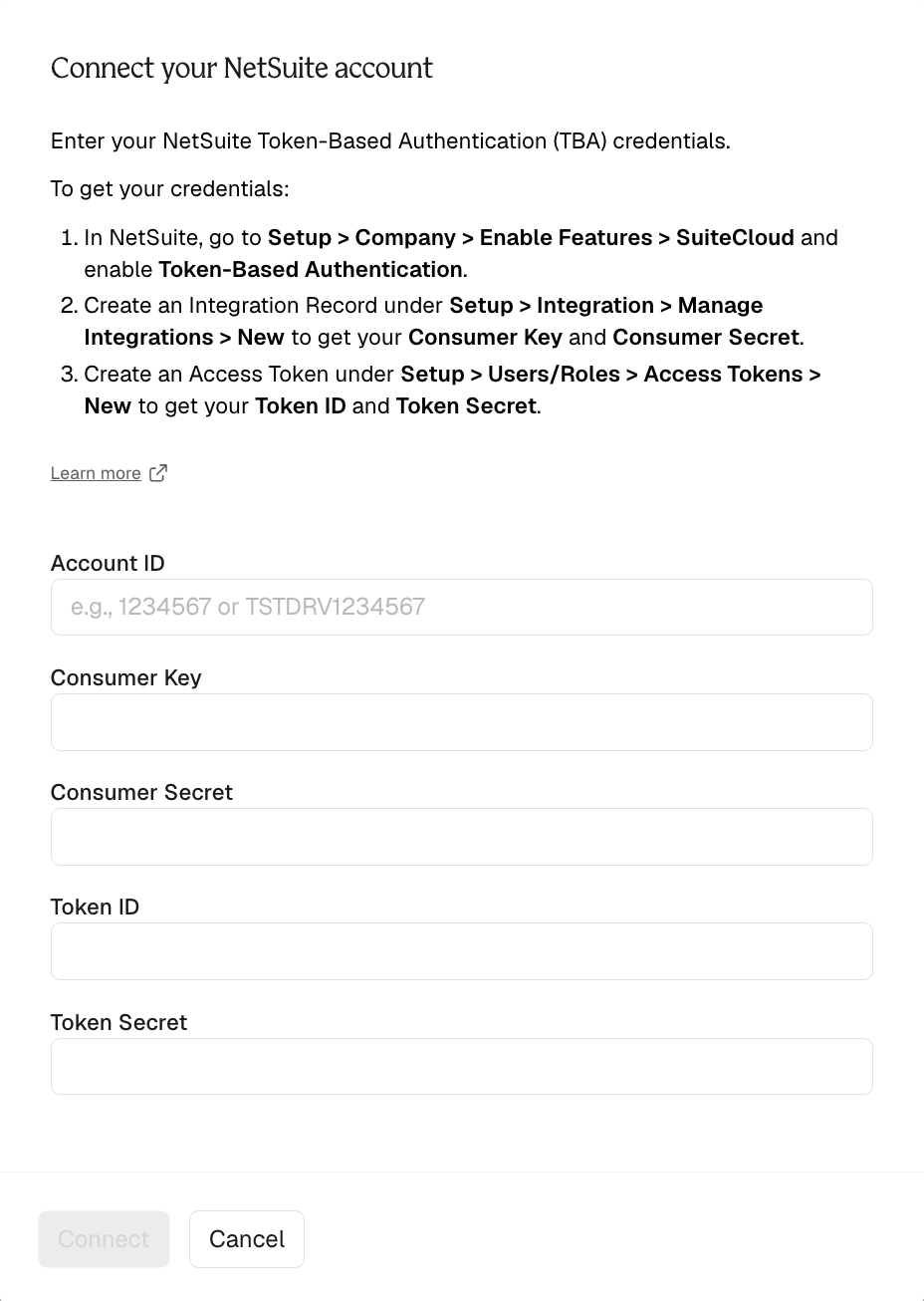 Connect your NetSuite account dialog for the Pull from NetSuite (Saved Search) step, showing Account ID, Consumer Key, Consumer Secret, Token ID, and Token Secret fields