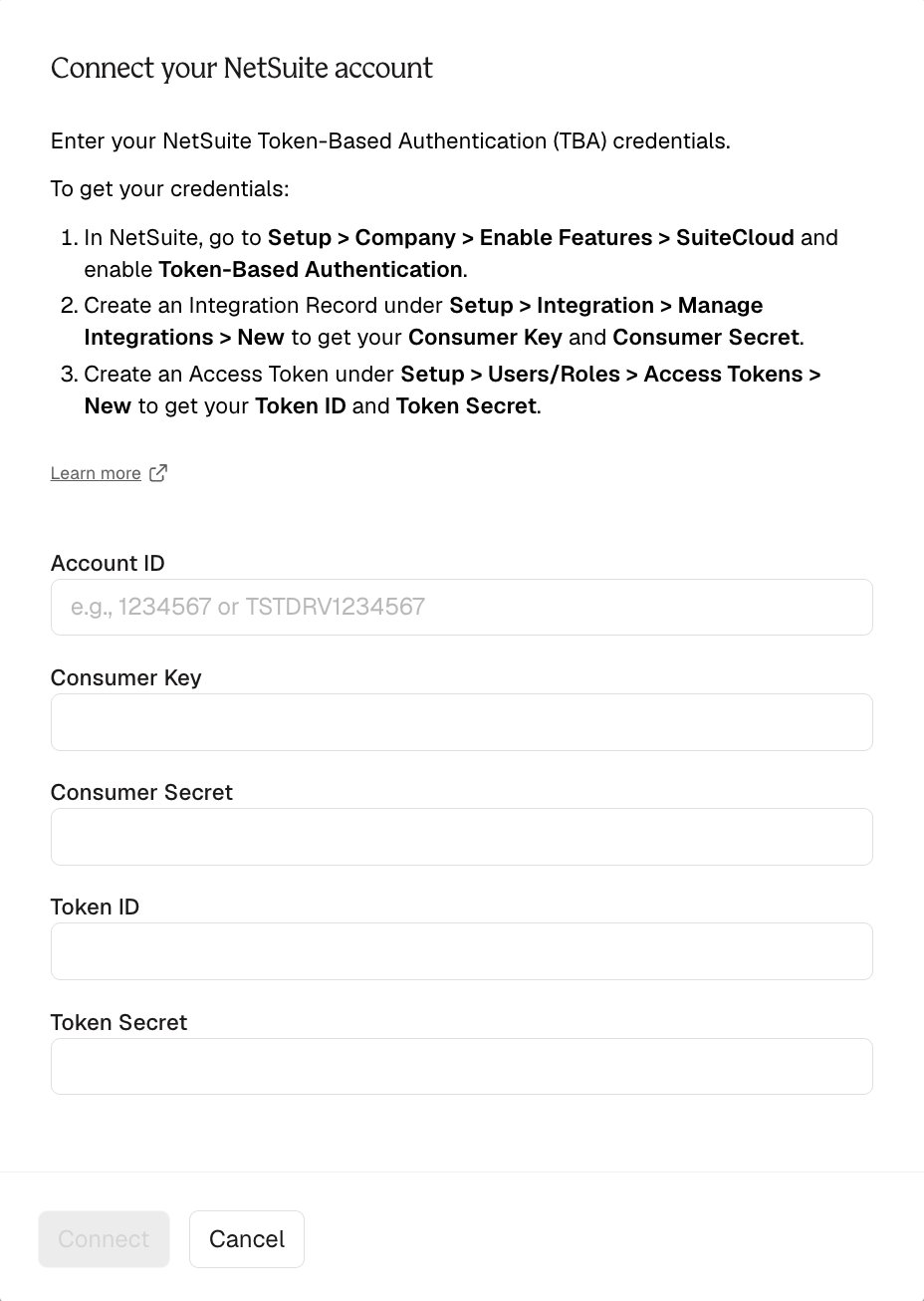Connect your NetSuite account dialog for the Pull from NetSuite (Saved Search) step, showing Account ID, Consumer Key, Consumer Secret, Token ID, and Token Secret fields
