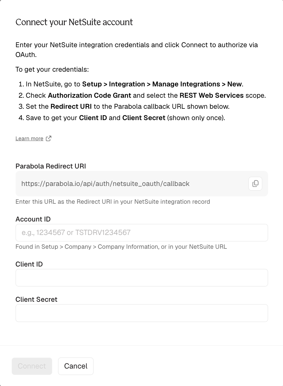 Prowork "Connect your NetSuite account" OAuth form for the Pull from SuiteQL step