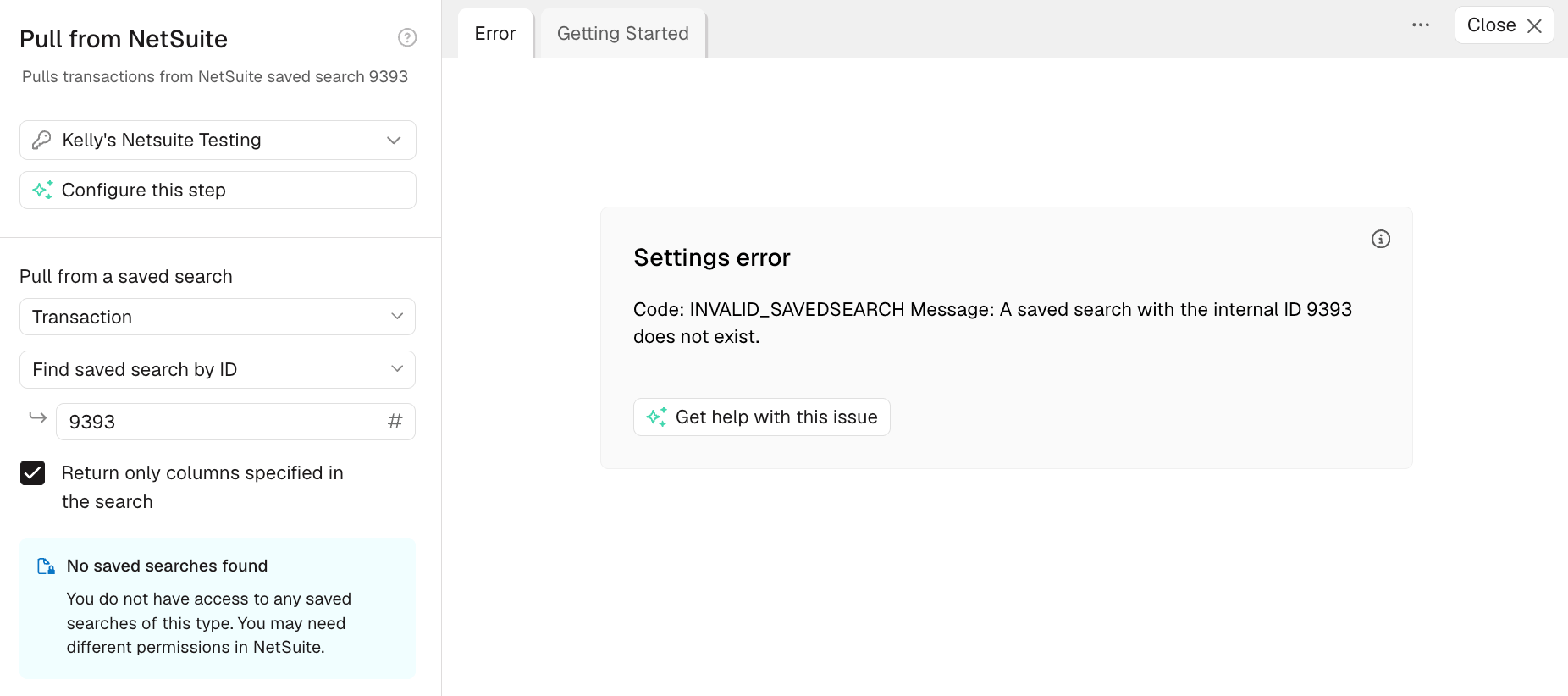 Prowork Settings error showing Code: INVALID_SAVEDSEARCH