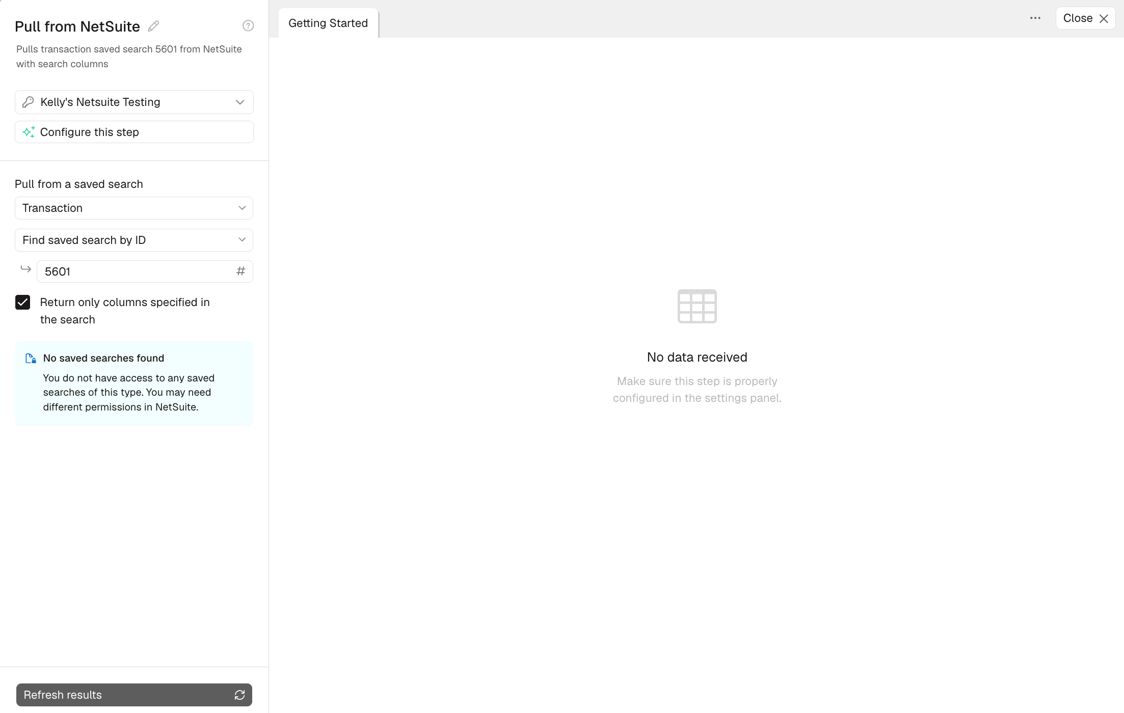 Prowork "No data received" message shown when the role lacks access to the record type