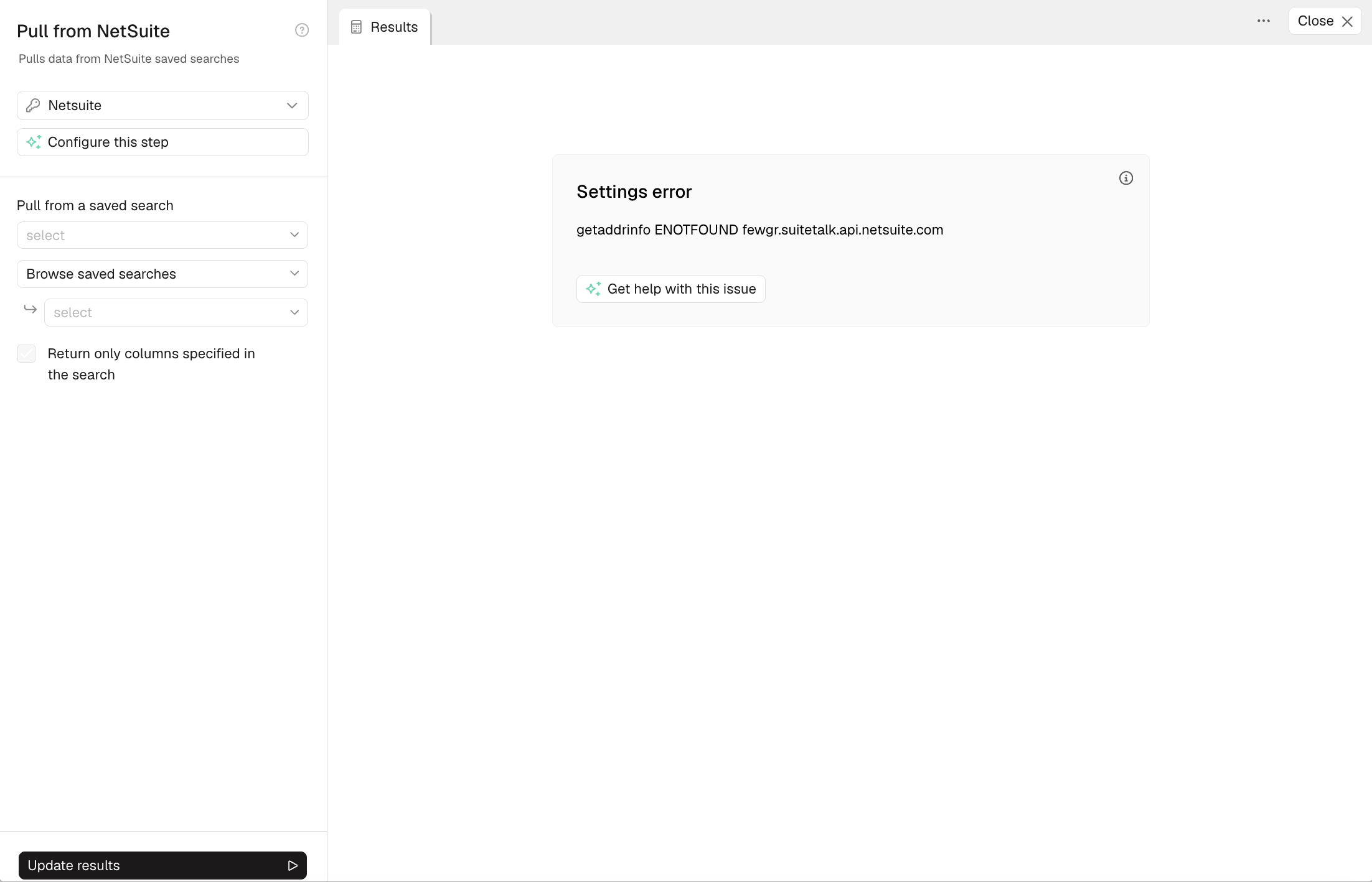 Prowork Settings error showing "getaddrinfo ENOTFOUND fewgr.suitetalk.api.netsuite.com"