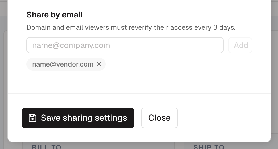 The Share by email section of the Share artifact dialog: an email field with an Add button, an invited address with a remove button, and Save sharing settings