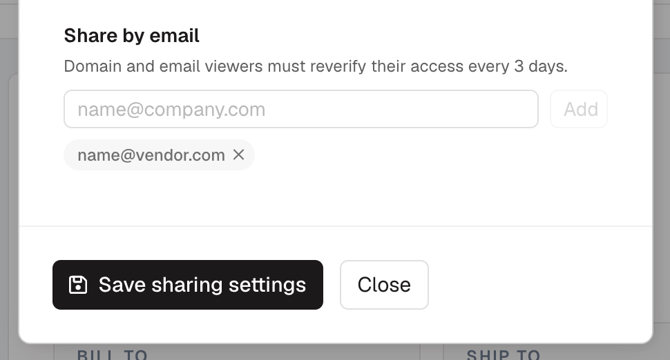 The Share by email section of the Share artifact dialog: an email field with an Add button, an invited address with a remove button, and Save sharing settings