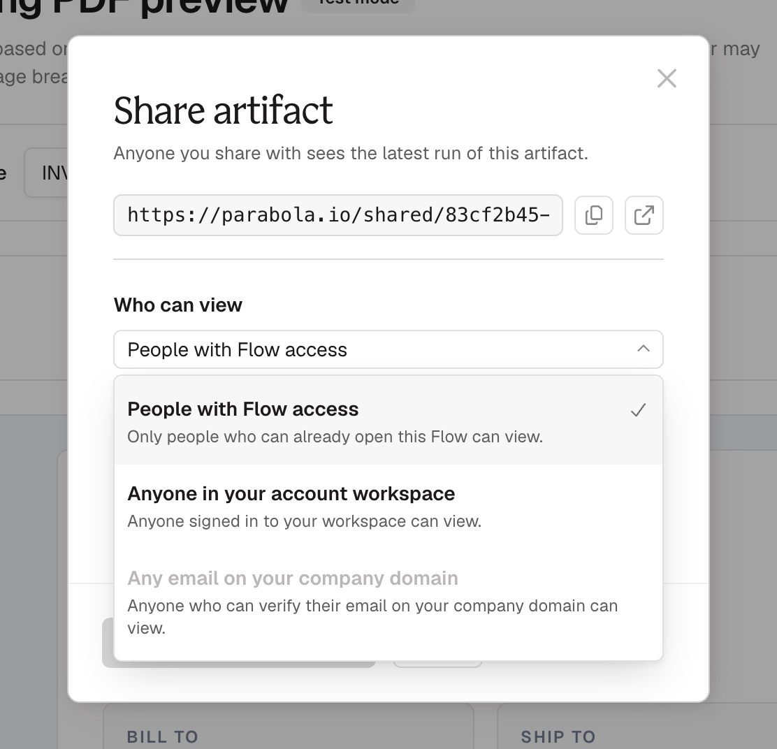 The Share artifact dialog: a copyable link, and a Who can view picker open to People with Flow access, Anyone in your account workspace, and Any email on your company domain
