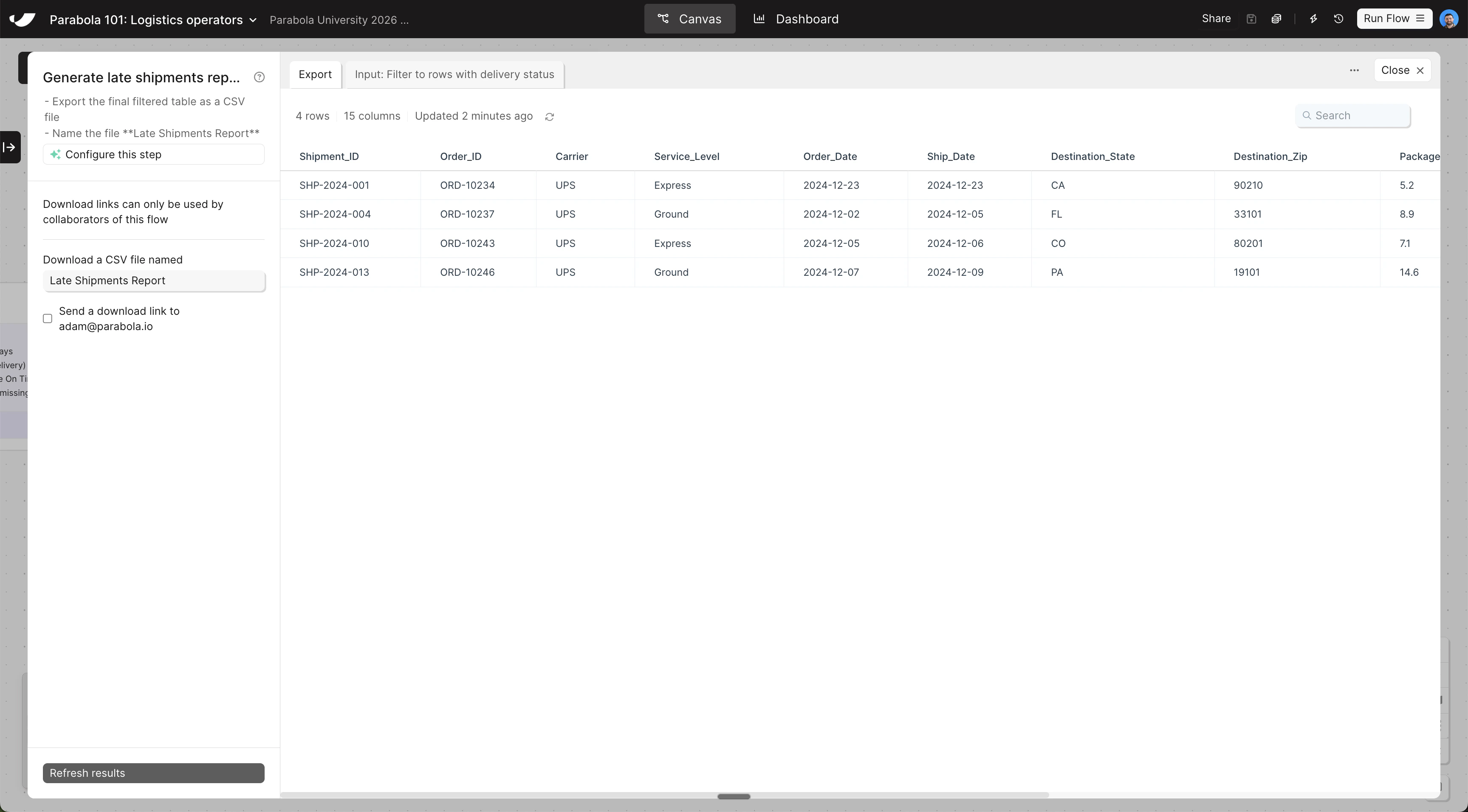 CSV export step