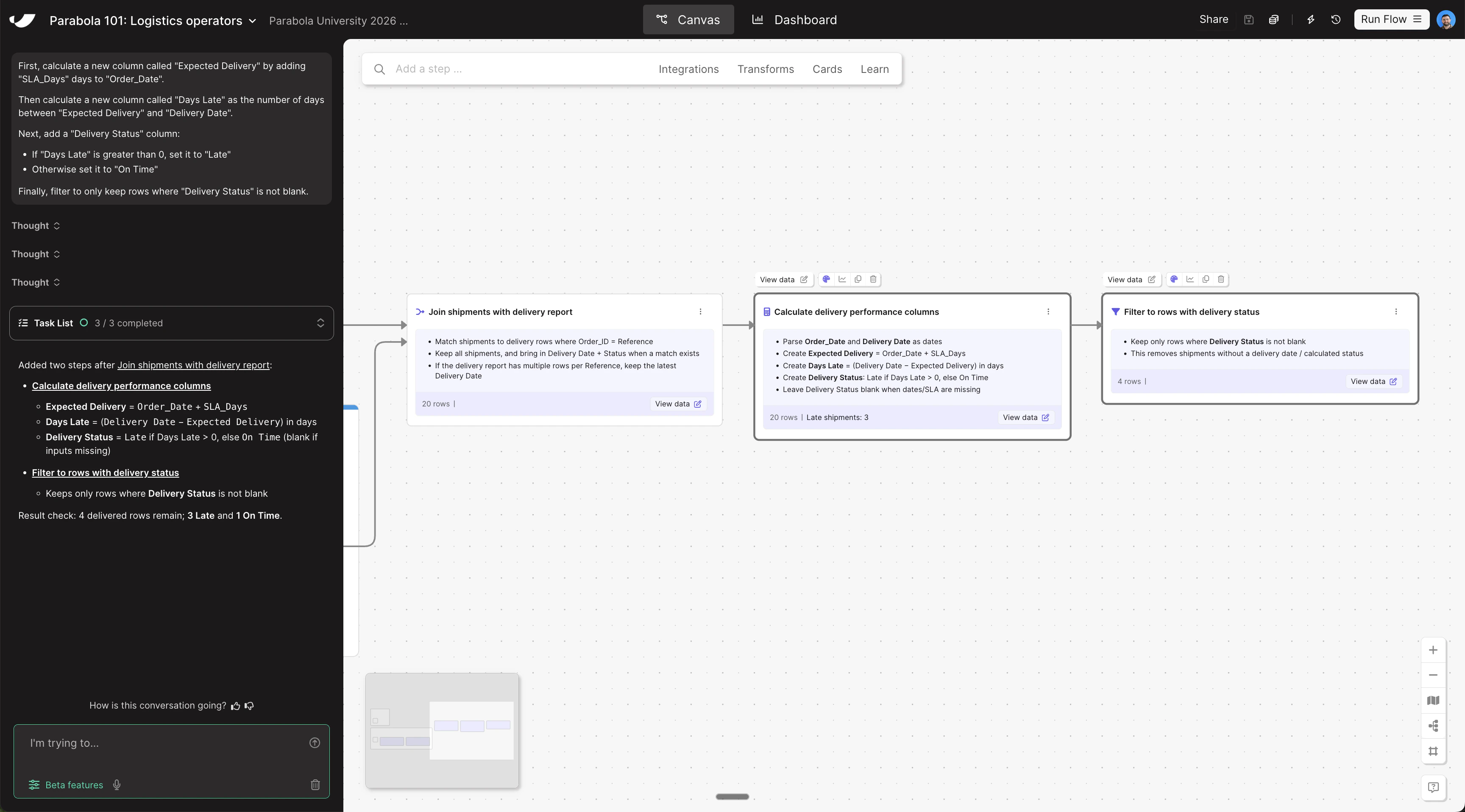 Transform data canvas view