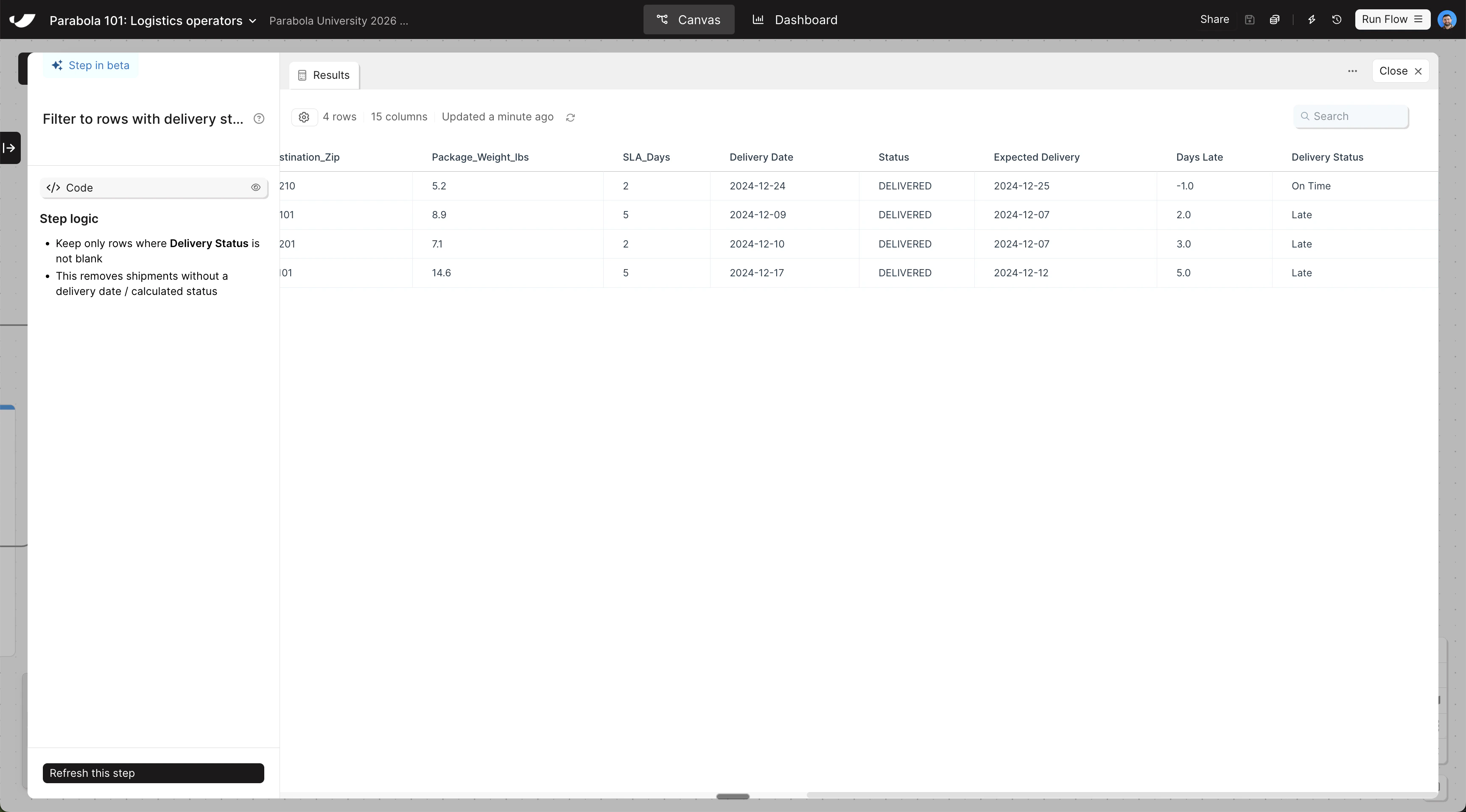 Transform data step results