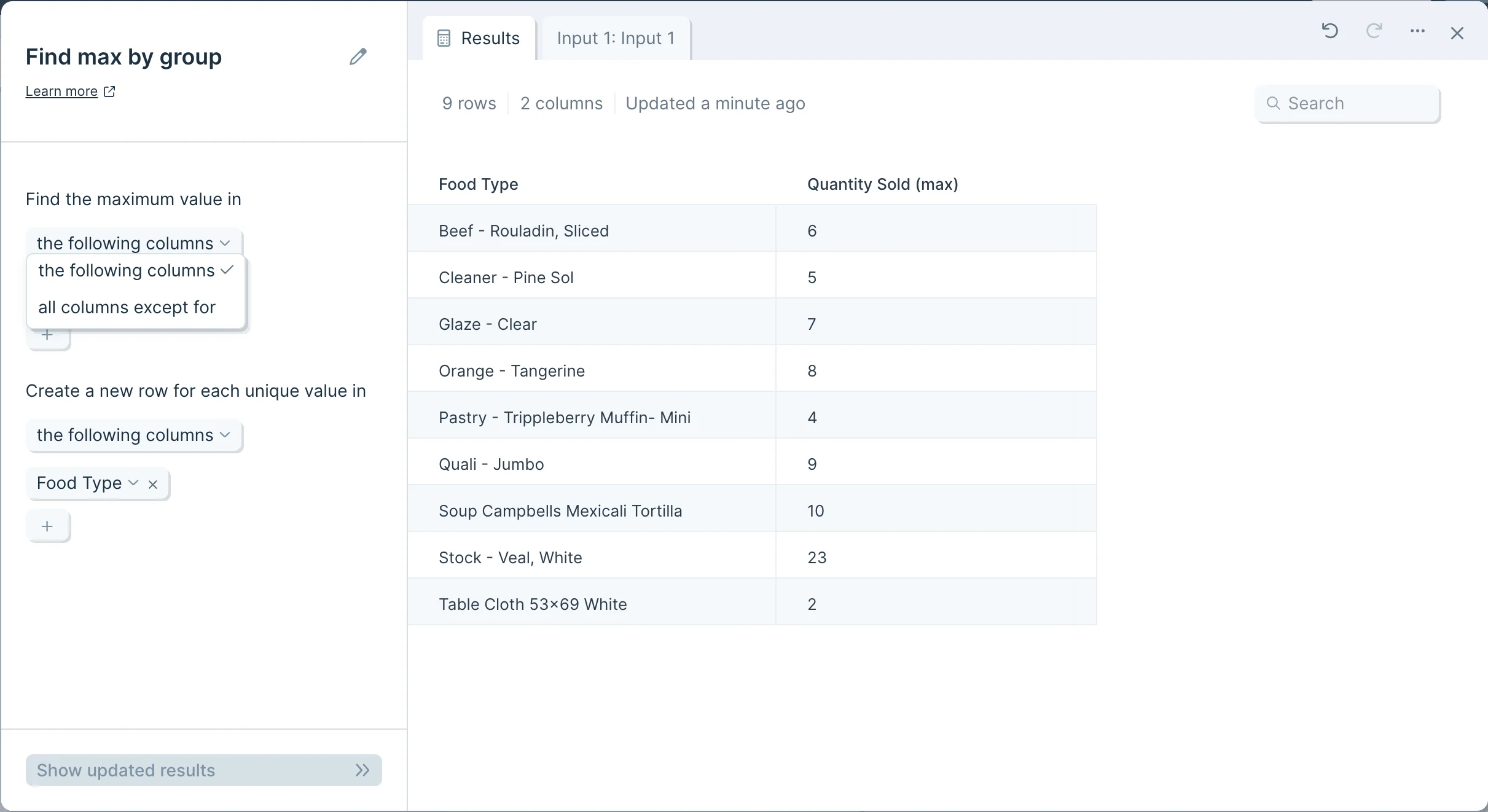 Custom settings panel showing the 'the following columns' versus 'all columns except for' toggle