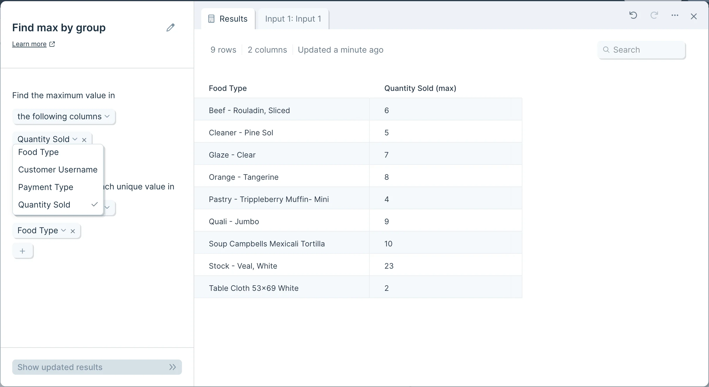 Settings panel with the plus sign opened to add specific columns to include or exclude