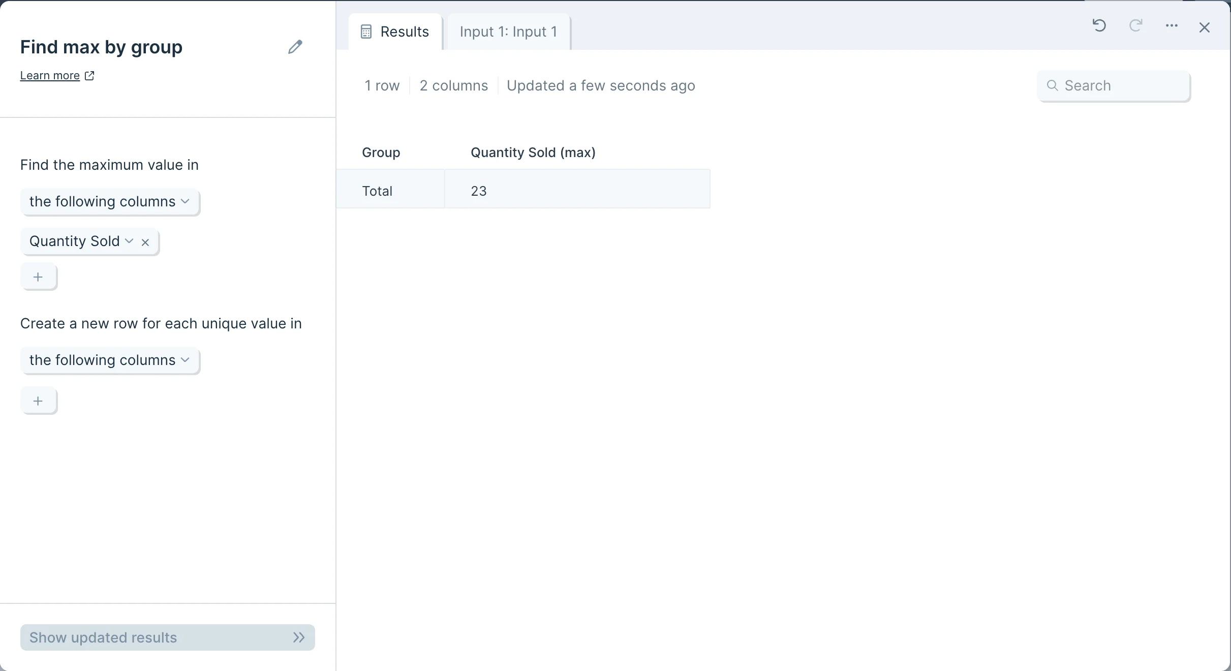 Settings panel with 'Create a new row' left blank, returning a single max value per selected column