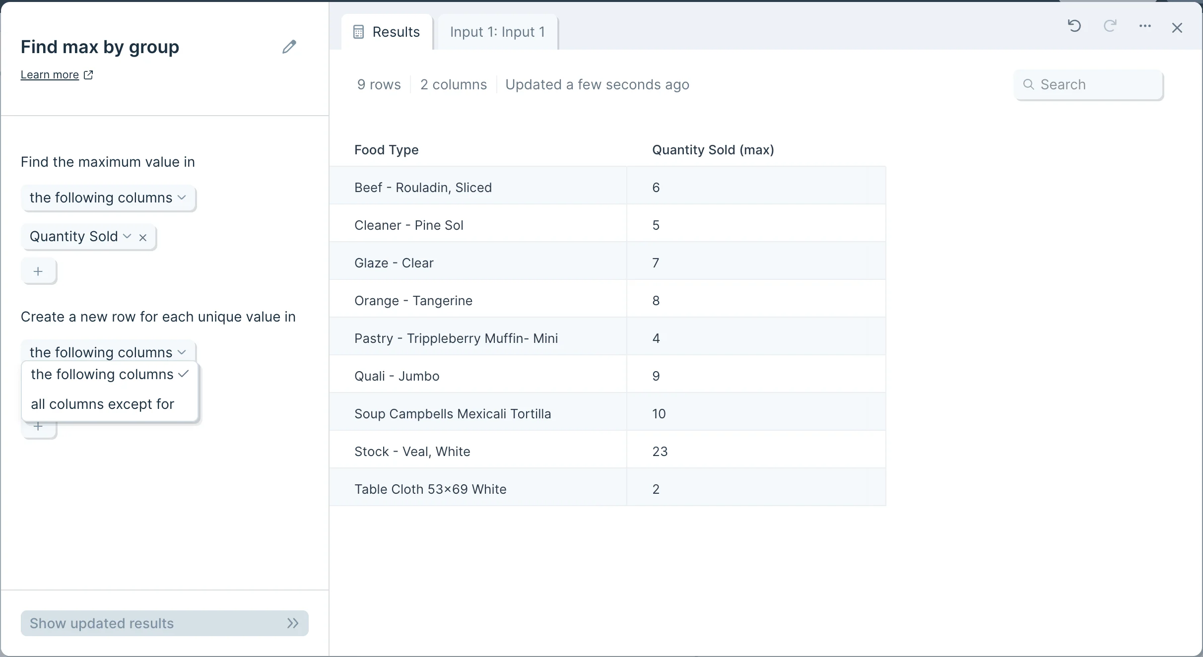 Settings panel configured to create one new row per unique value in a chosen grouping column