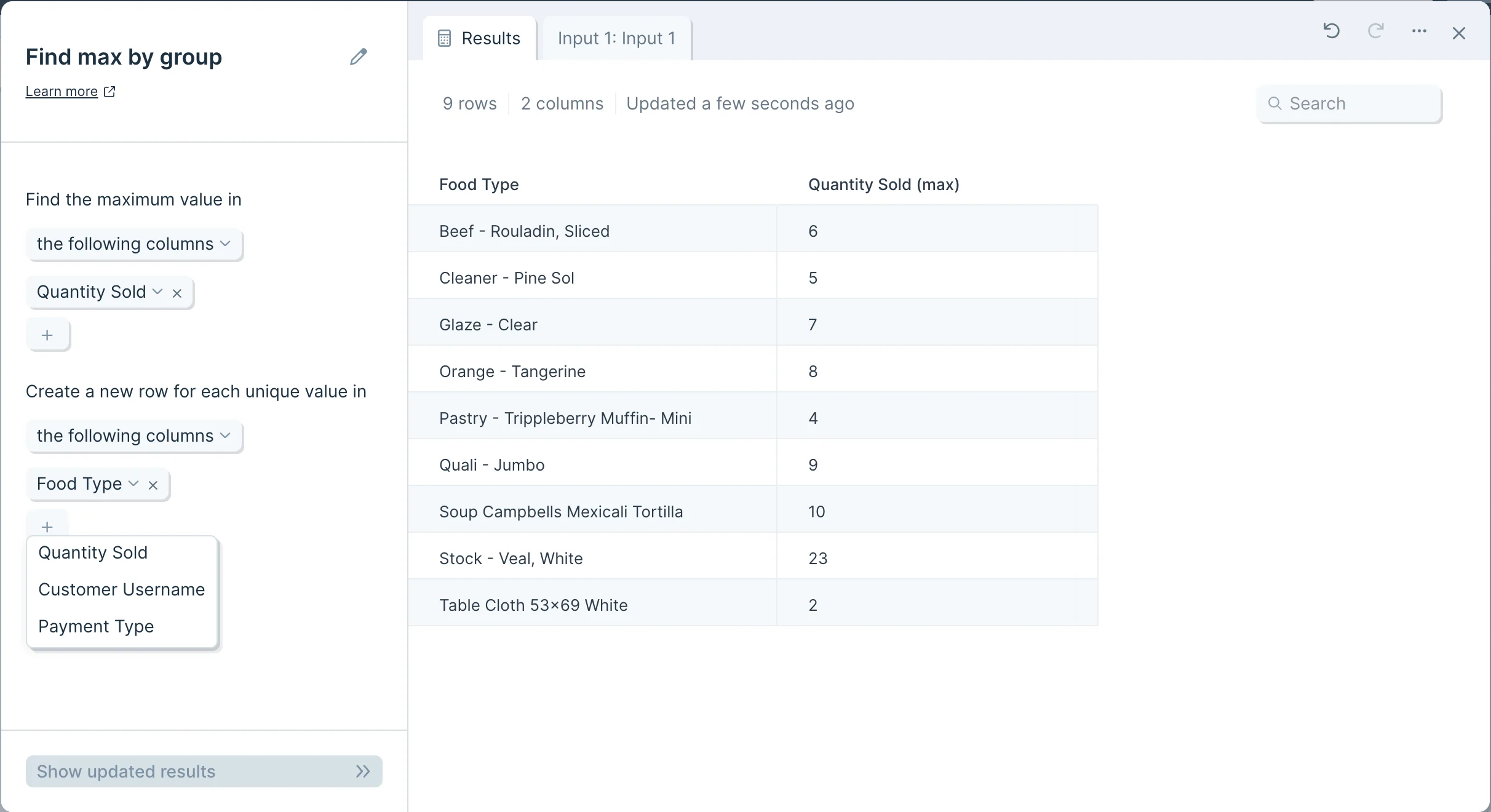 Output table with grouping columns added left to right and a new max column appended on the right