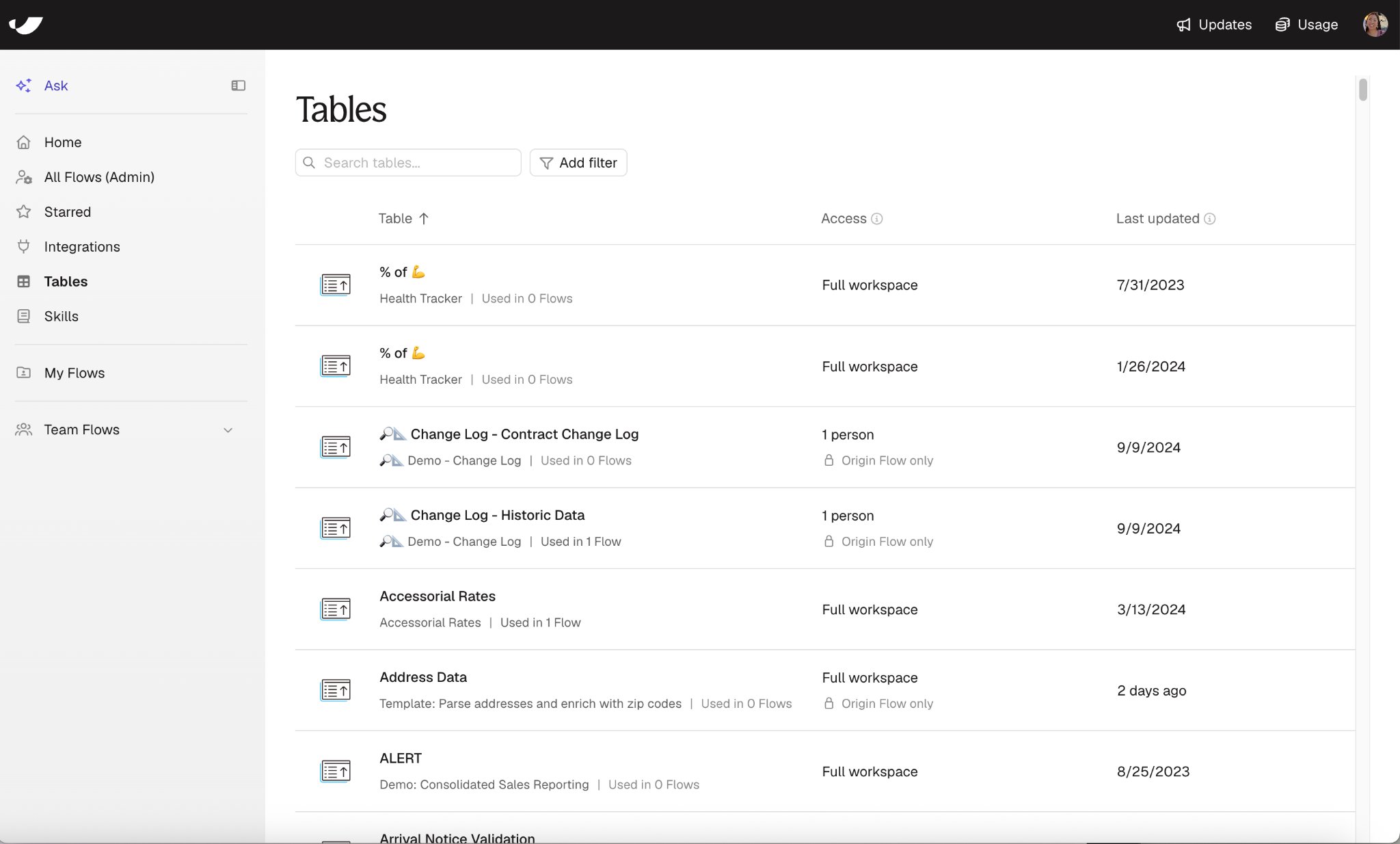 Tables page columns