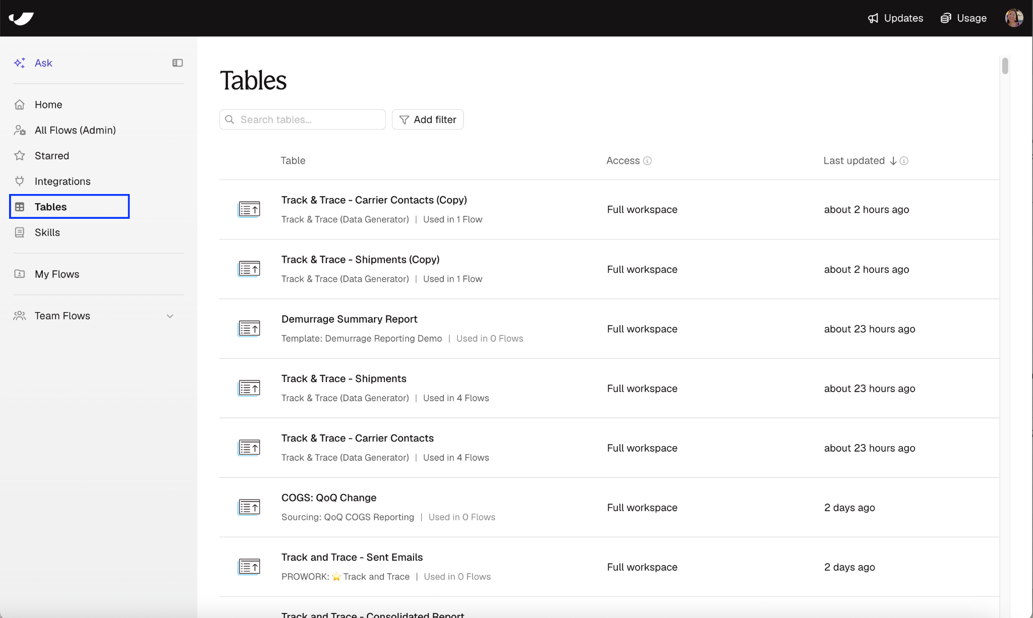 Tables page in the left sidebar