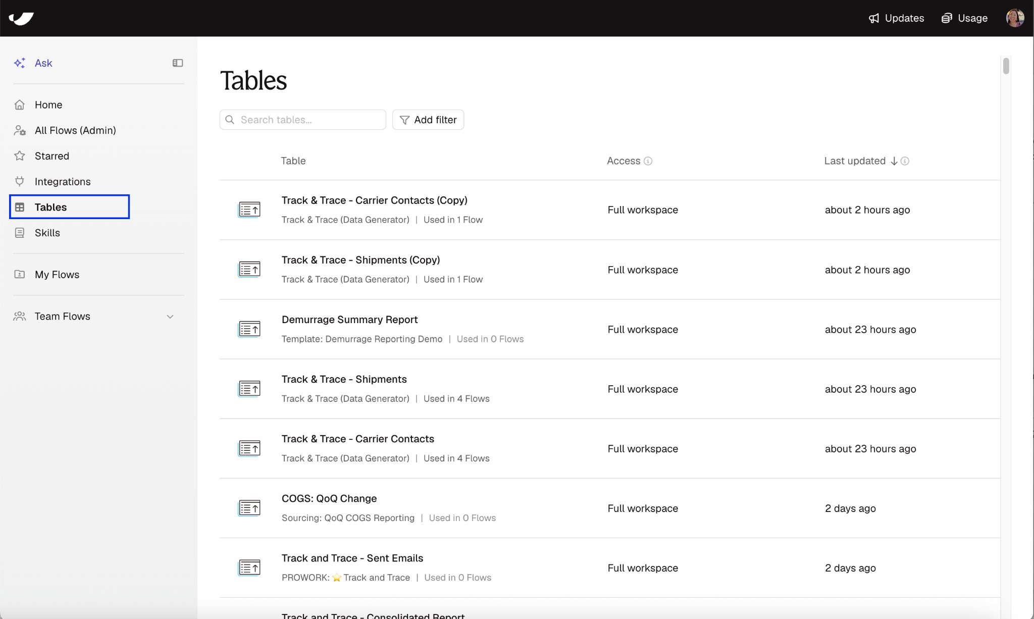 Tables page in the left sidebar