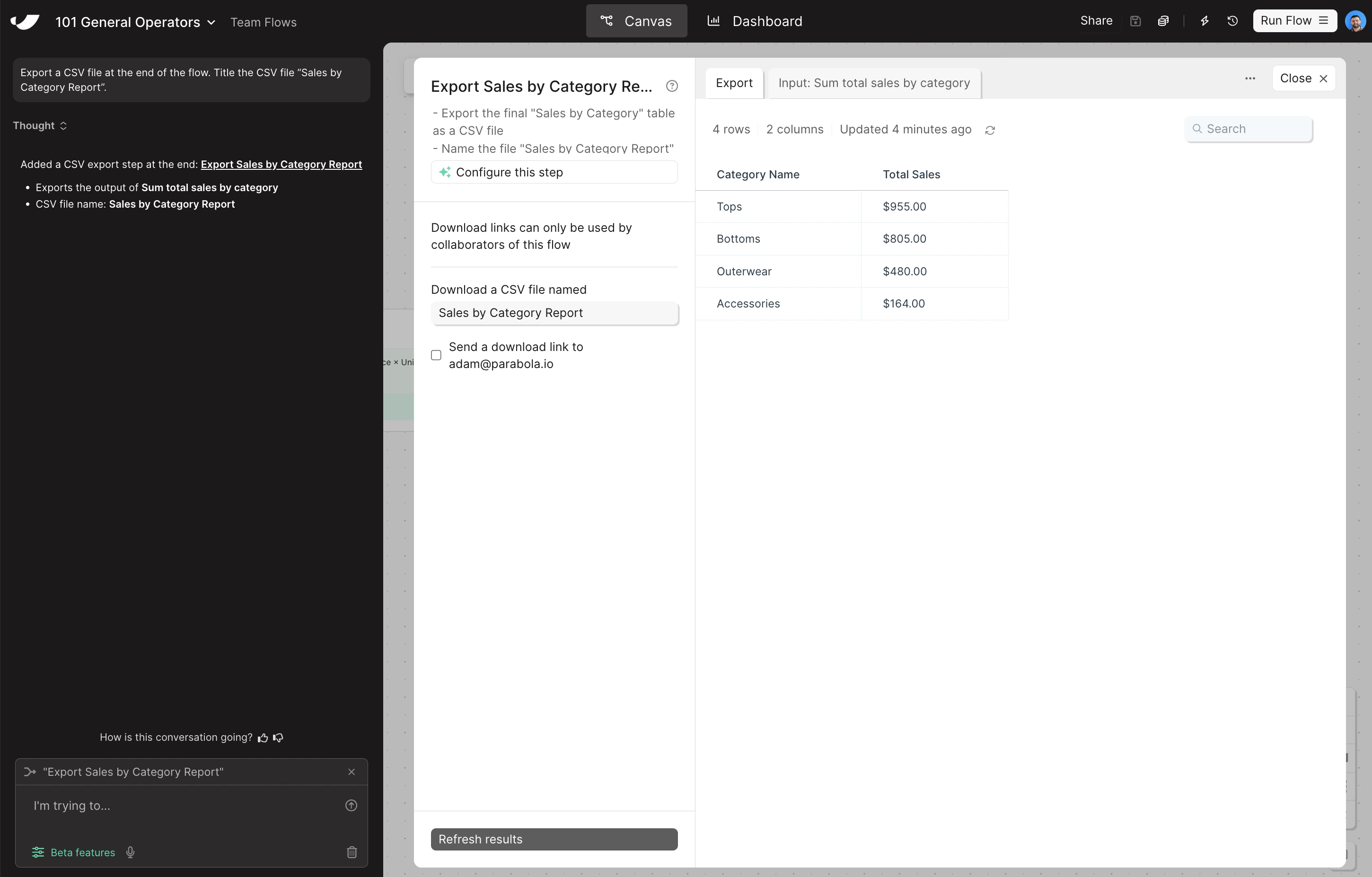 CSV export step