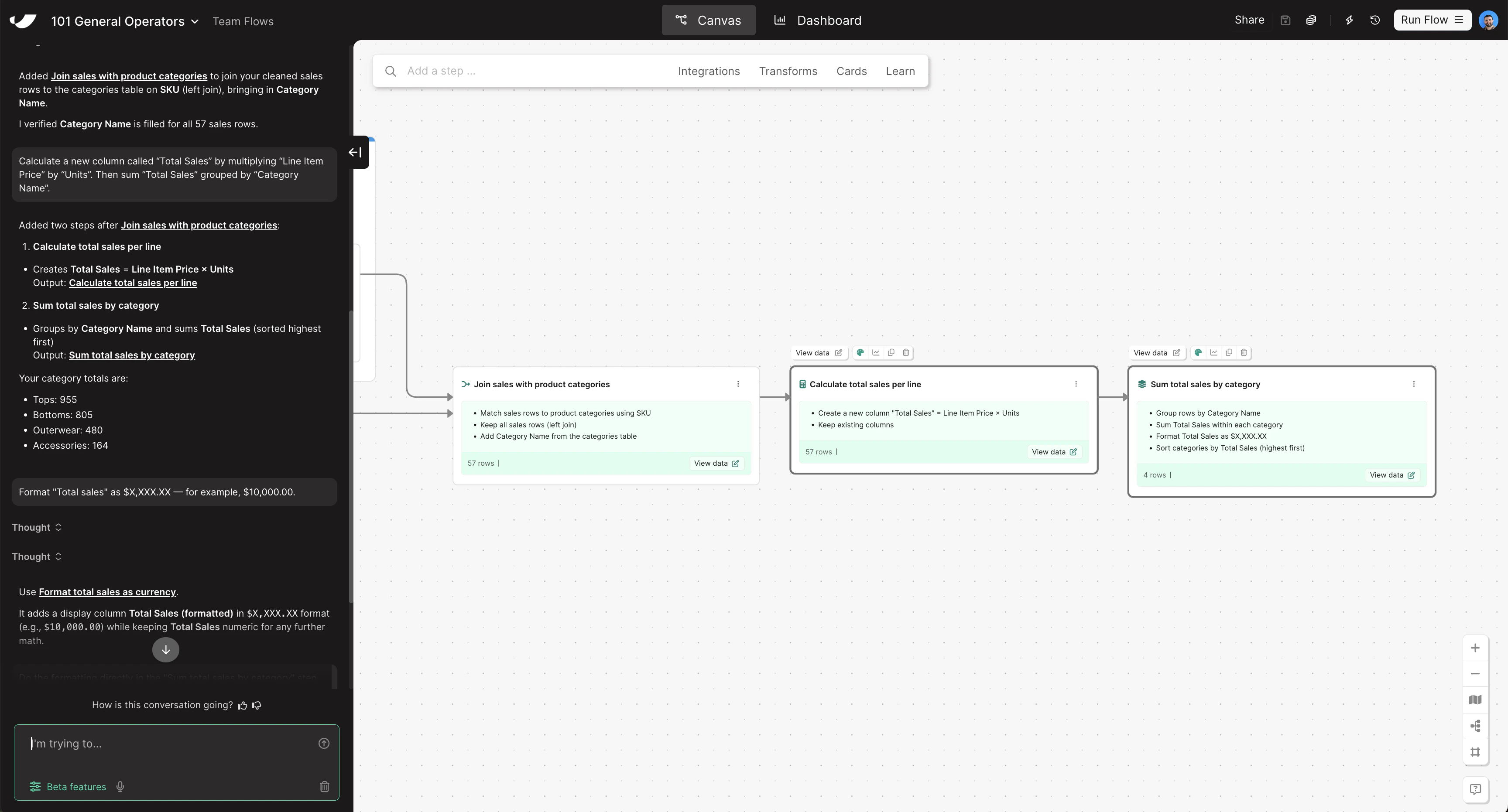 Transform data canvas view