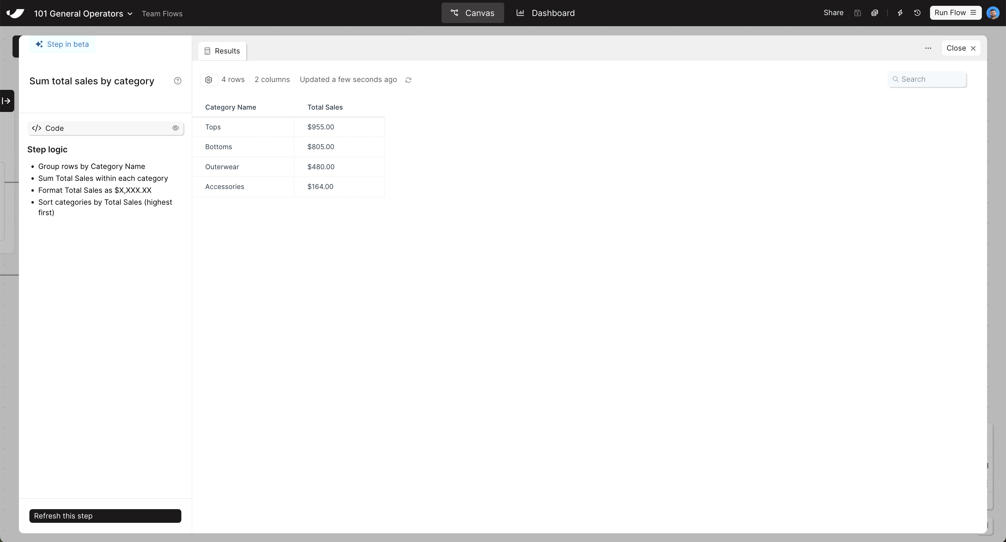 Transform data step results