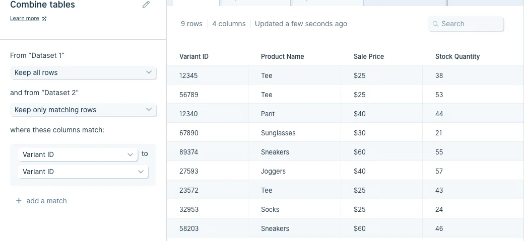 Show Updated Results button confirming the combined table output