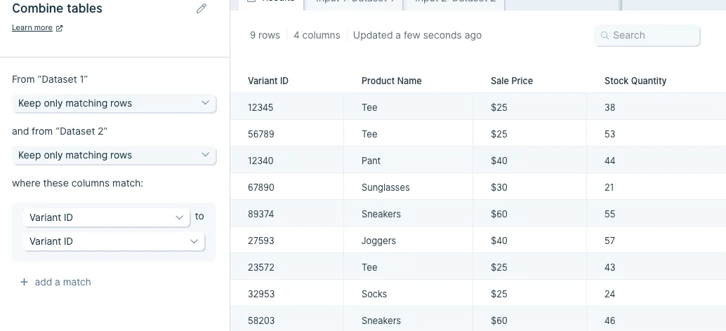 Settings showing 'Keep only matching rows' so the result keeps rows that exist in every table