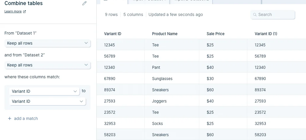 Settings showing 'Keep all rows in all tables' producing a full outer join with blank cells where no match exists
