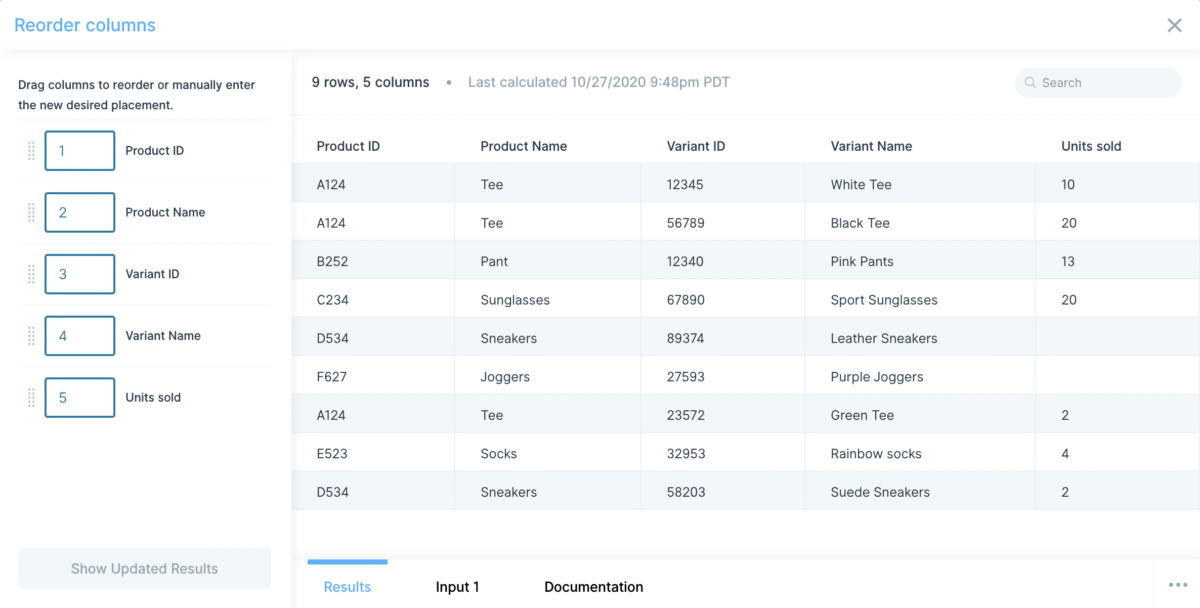 Output dataset with product, variant, and Units sold columns grouped logically