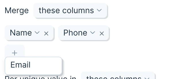 Adding columns to merge by clicking the plus icon and selecting from the column list
