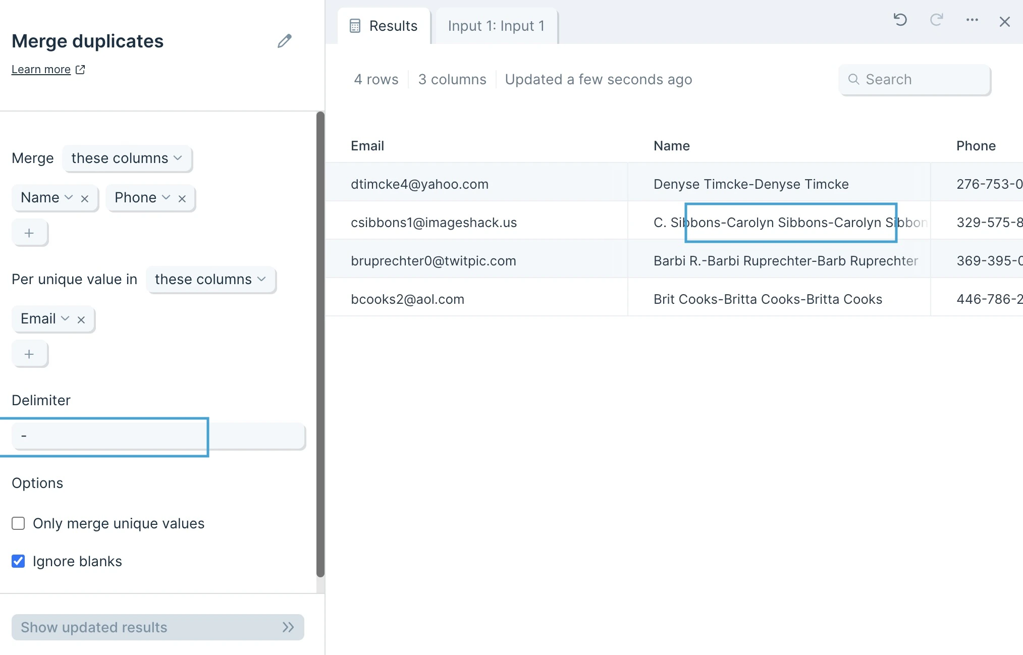 Custom delimiter field accepting comma, space, dash, or other characters
