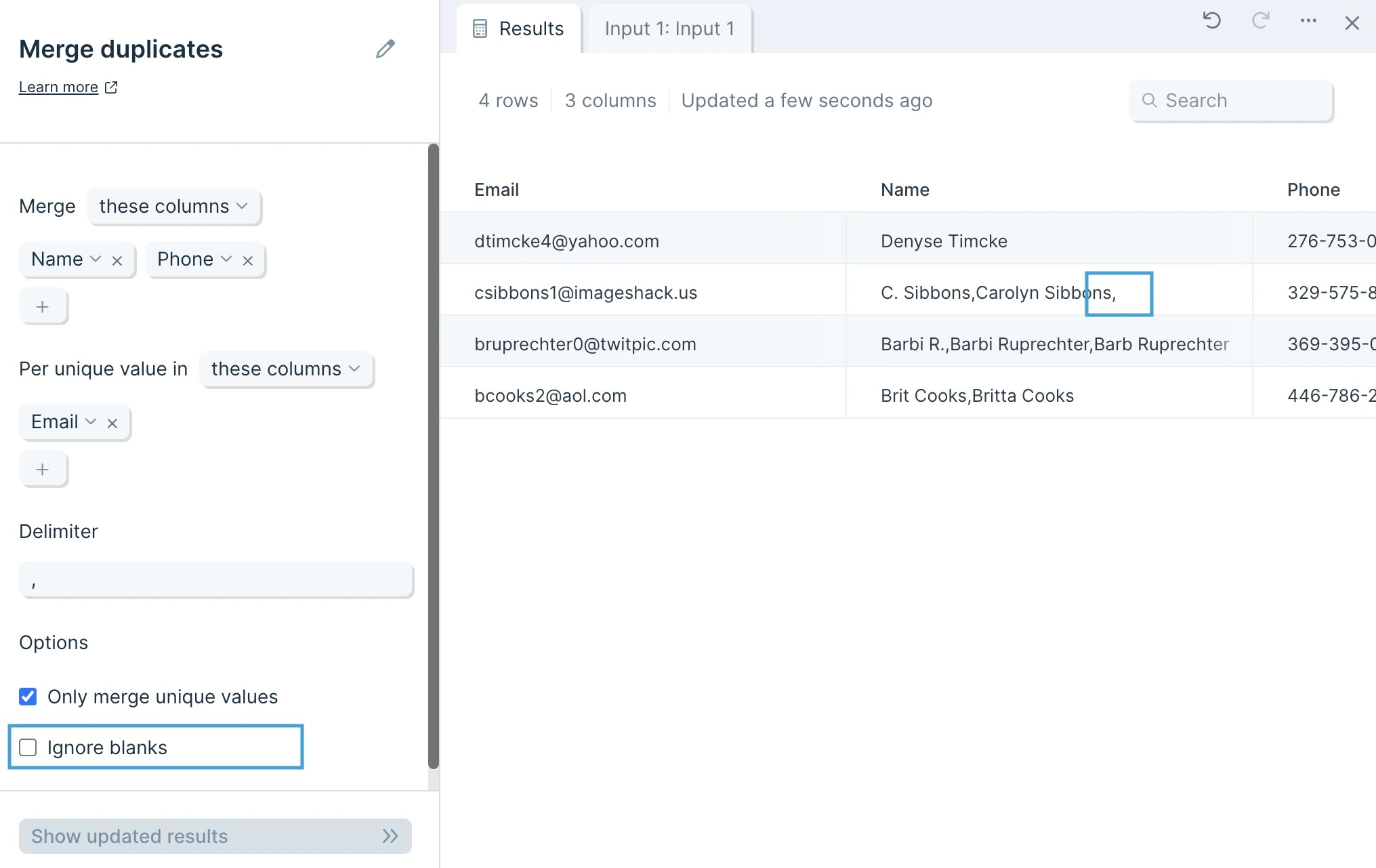 Ignore blanks checkbox controlling whether blank cells are included in merged values