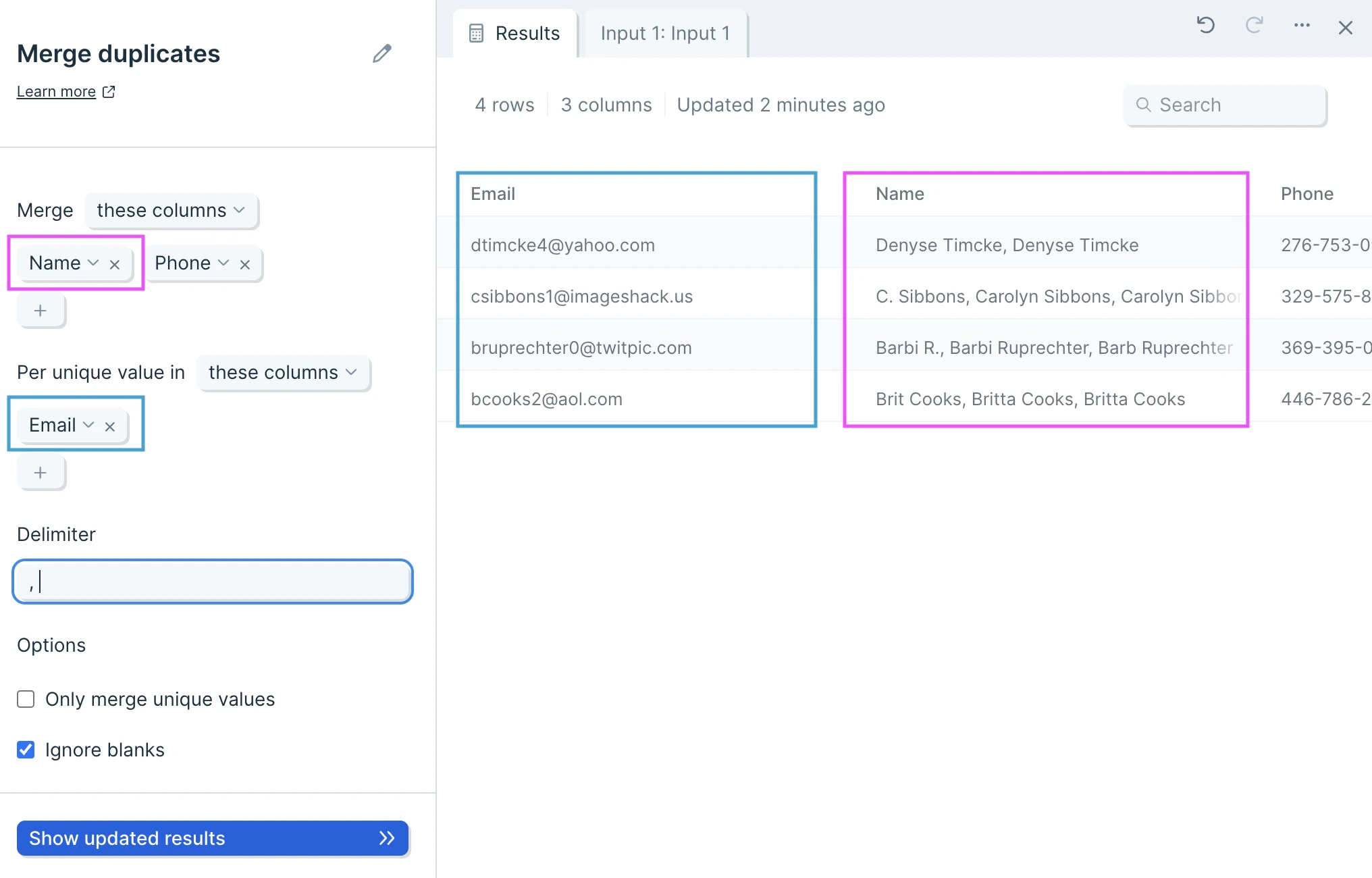 Default Merge duplicates settings with the first column mapped as the unique identifier